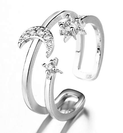 925 Sterling Silver CZ Sun Moon Star Open Adjustable Rings for Women & Men - Boho Chic Jewelry for Everyday Wear, Gift Giving & Special Occasions