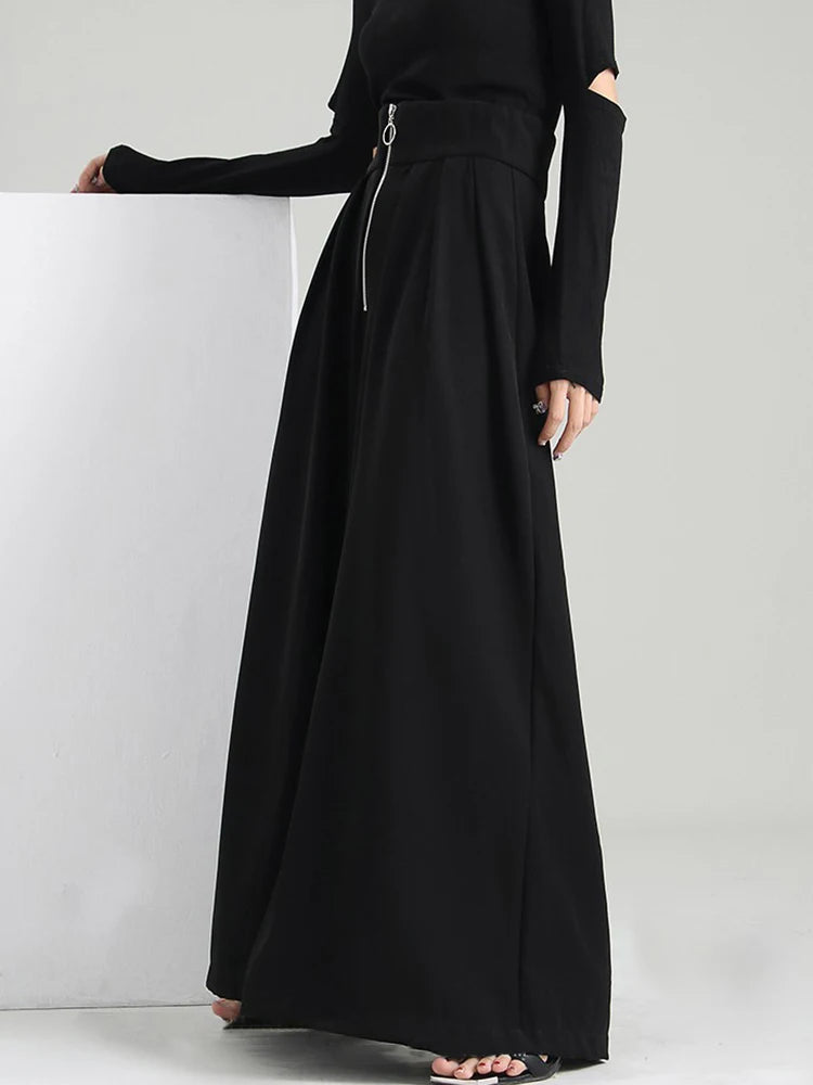 Black Patchwork Zipper Wide Leg Pants for Women - High Waist Loose Minimalist Trousers - Summer Casual Outfit for Streetwear & Office Wear