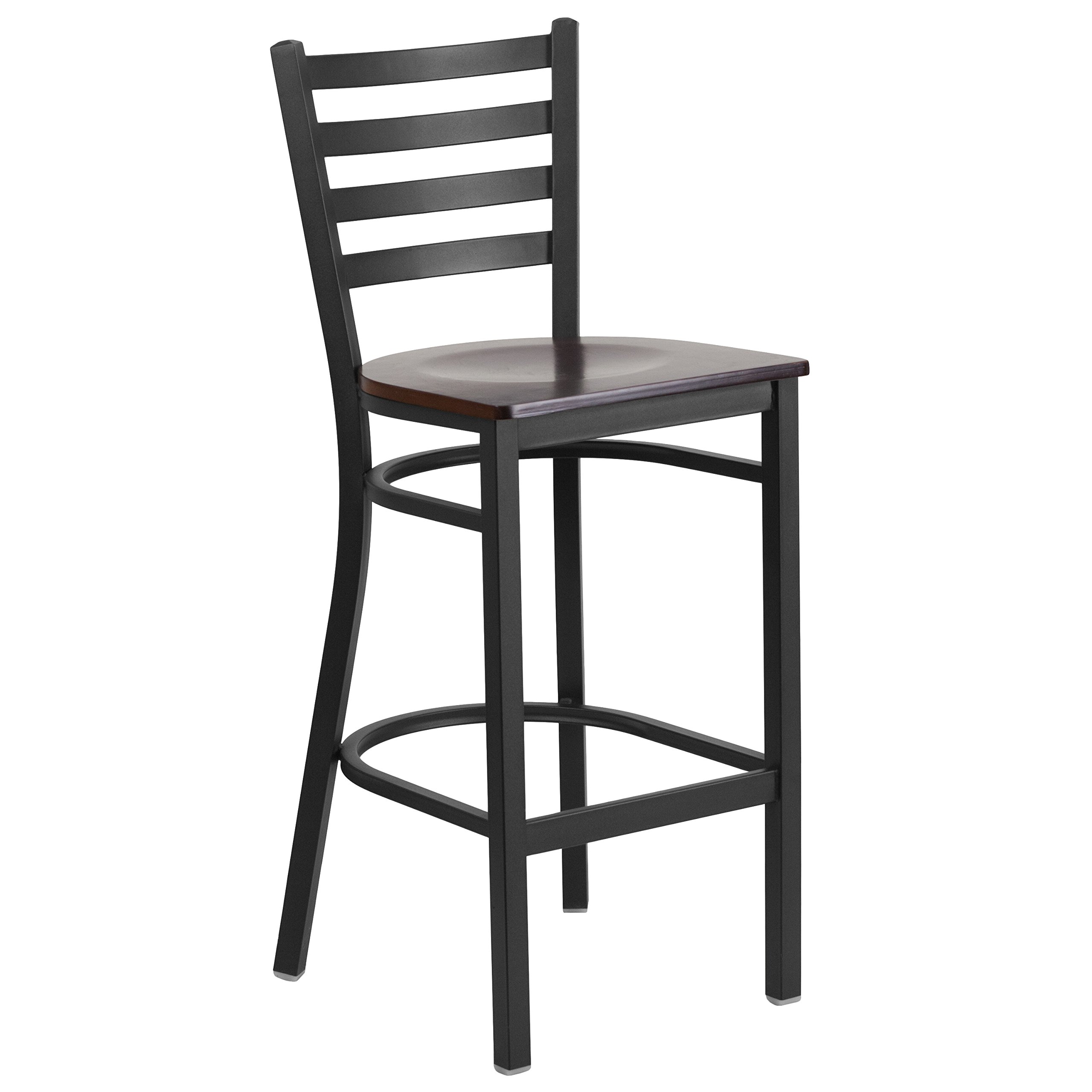 Black Metal Bar Stool with Walnut Wood Seat - Adjustable Height Ladder Back Design for Kitchen Counter, Restaurant & Home Bar - Heavy Duty Commercial Use