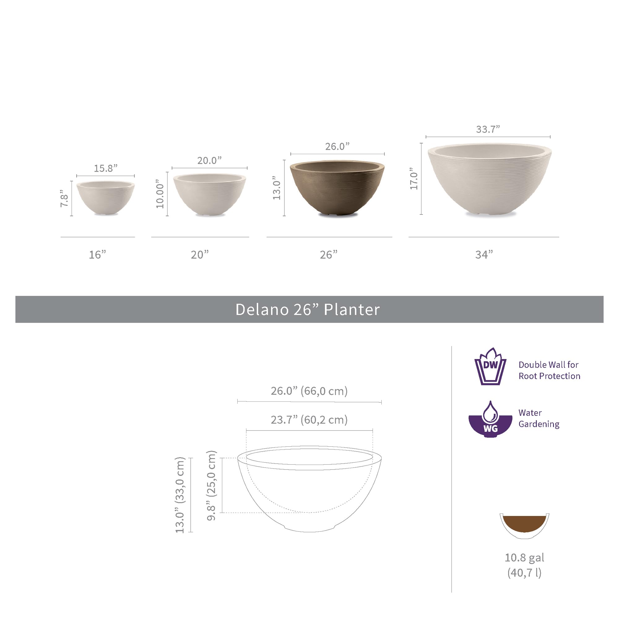 Premium Crescent Garden Delano Planter - 26 Inch Double-Walled Indoor/Outdoor Plant Pot in Mocha Brown - Perfect for Patio, Balcony, and Home Decor