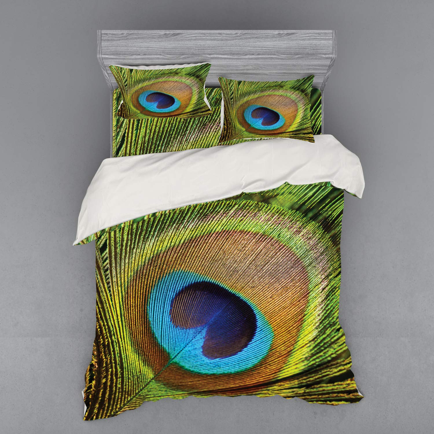 Ambesonne Peacock Feather Bedding Set - 4 Piece Queen Duvet Cover Set with Shams & Fitted Sheet, Exotic Wildlife Themed in Green Teal Mustard - Perfect for Bohemian & Tropical Bedroom Decor