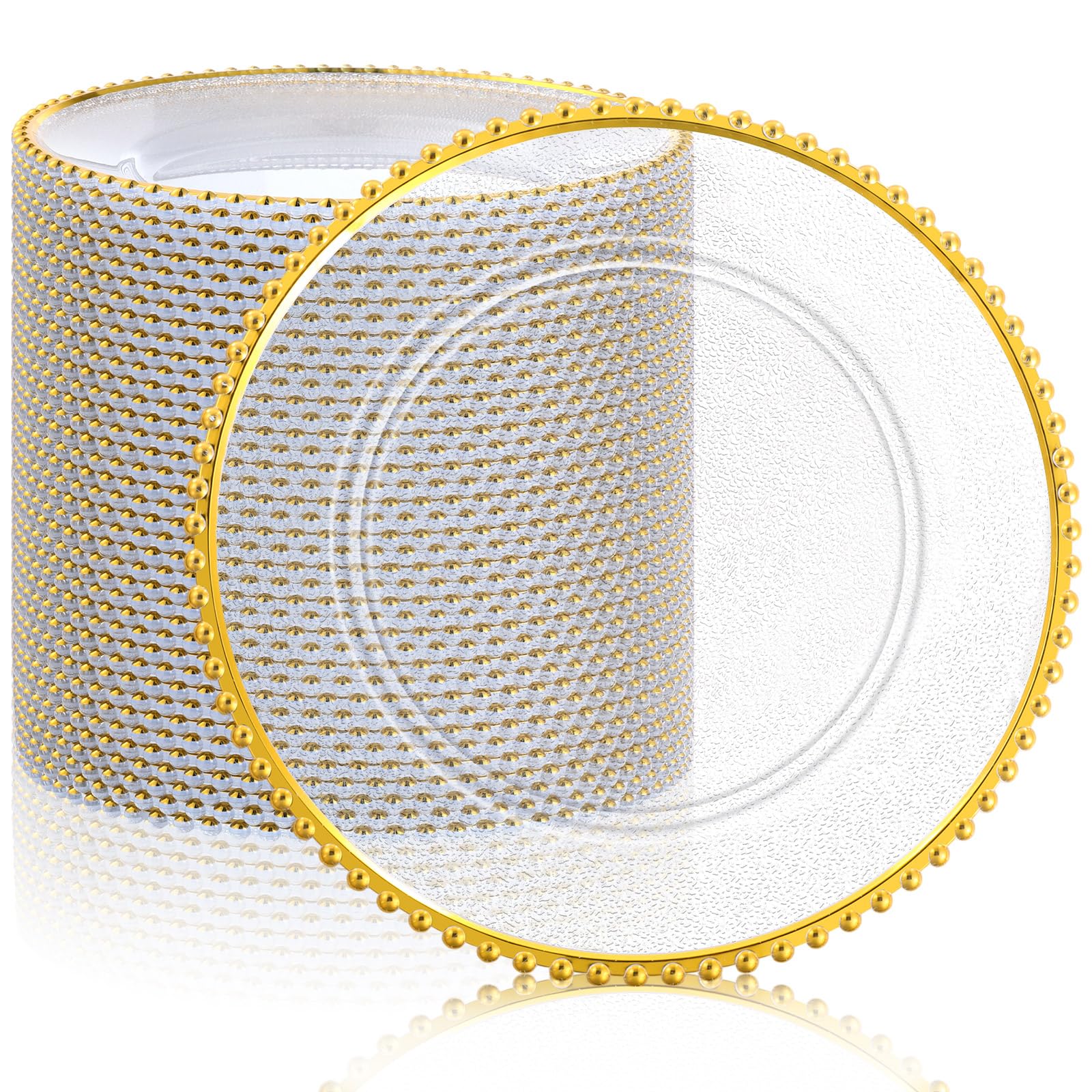 50 Pack Clear Acrylic Charger Plates - 13 Inch Round Plastic Dinner Plates with Beaded Edge & Frosted Grain for Weddings, Parties, Events - Elegant Gold Decorative Service Plates for Home, Kitchen & Tabletop Decor