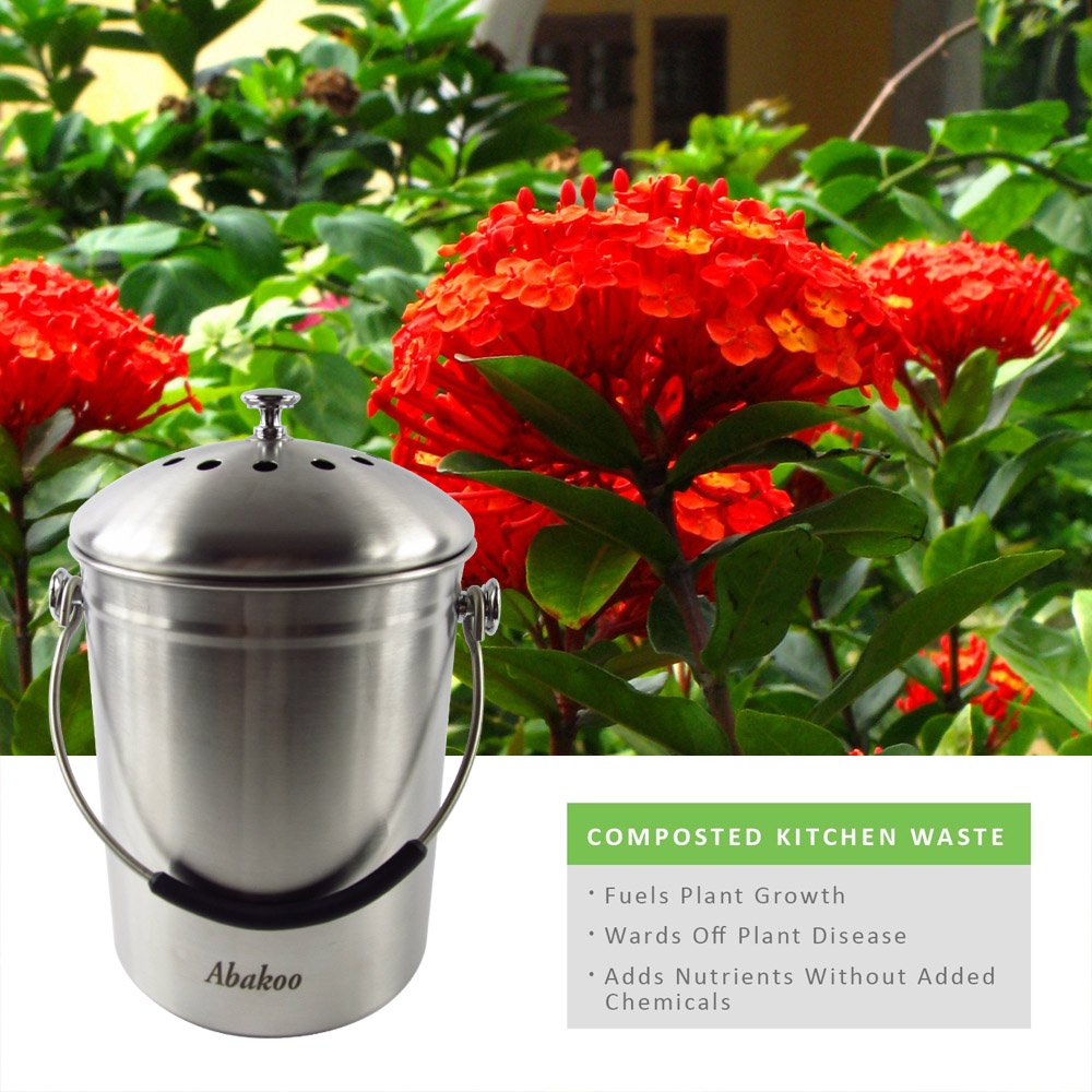 Abakoo 304 Stainless Steel Compost Bin - 1.3 Gallon Kitchen Composter with 4 Filters, Indoor Countertop Waste Pail for Eco-Friendly Food Scrap Recycling
