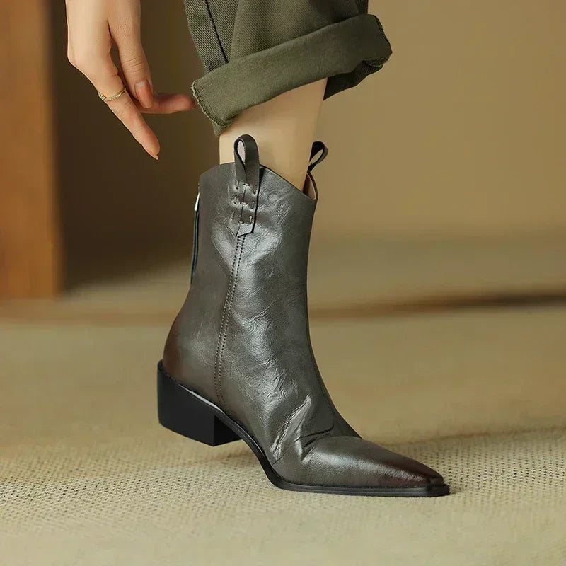 **Genuine Leather Western Boots for Women - Pointed Toe Chunky Heel Chelsea Ankle Boots, Retro Style for Autumn & Winter | Perfect for Cowgirl Fashion, Country Rides & Casual Outfits**