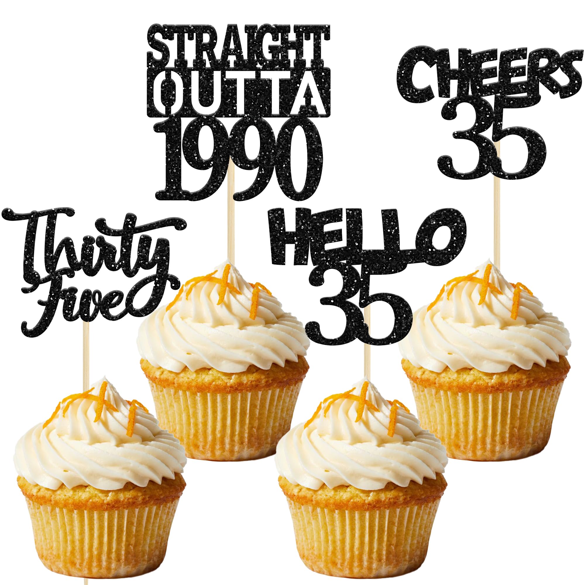 35th Birthday Cupcake Toppers - 24 Pack Black Straight Outta 1990 Decorations - Hello 35 Cheers to 35 Years Cake Picks for Anniversary Party Supplies | Perfect for 35th Birthday Cakes, Cupcakes & Milestone Celebrations