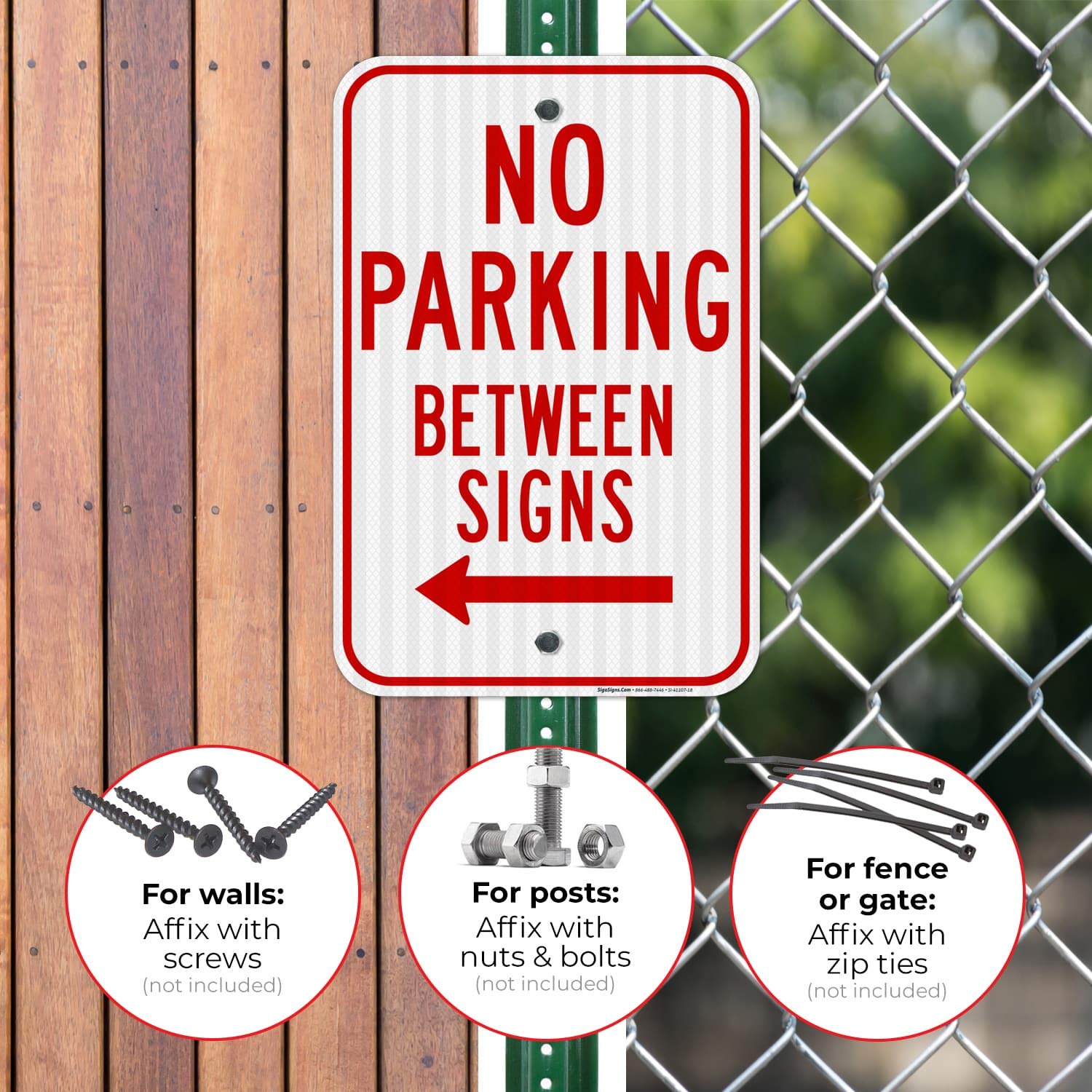 No Parking Between Signs with Left Arrow - 12x18 Inches, 3M EGP Reflective .063 Aluminum, Fade Resistant - Easy Mounting for Indoor/Outdoor Use - Made in USA - Perfect for Parking Lots, Driveways & Restricted Areas