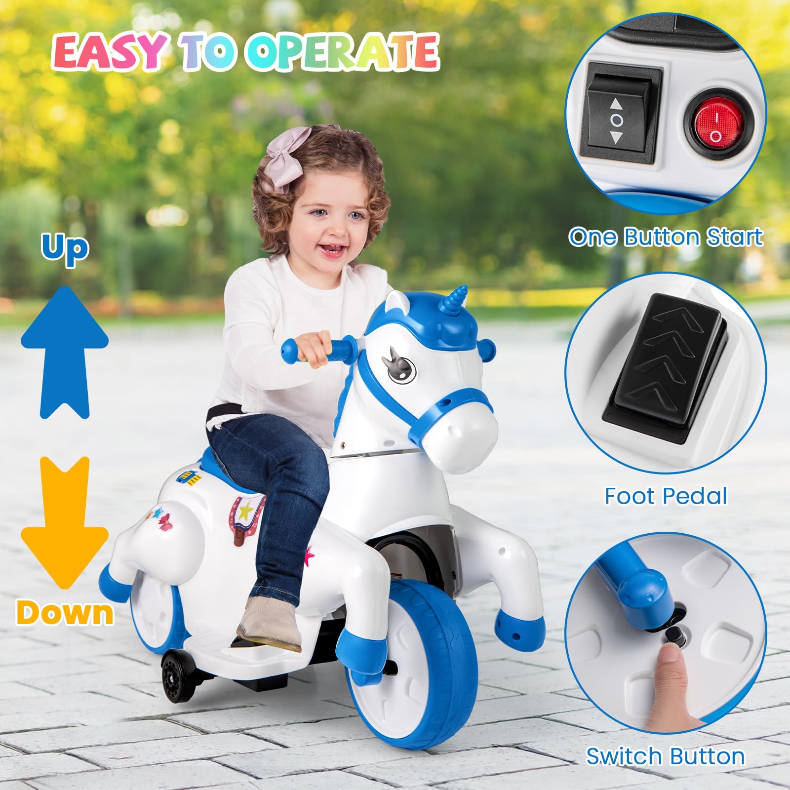 HONEY JOY 12V Unicorn Ride-On Toy for Kids - 3-Wheel Battery Powered Electric Pony Car with Training Wheels, Music & Up/Down Motion - Perfect Birthday Gift for Boys & Girls (Blue) - Great for Indoor Play, Backyard Fun & Preschool Learning Activities