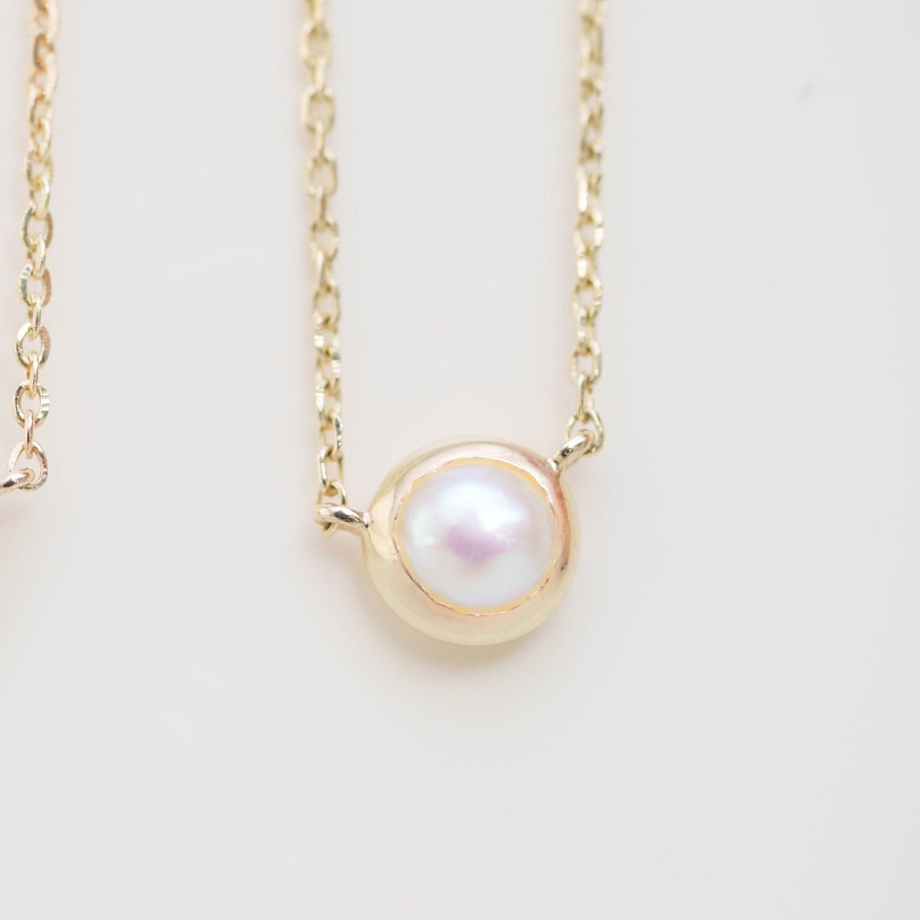 14K Yellow Gold Freshwater Pearl Station Necklace - Elegant Bezel Setting for Women, Perfect for Weddings, Parties & Everyday Wear