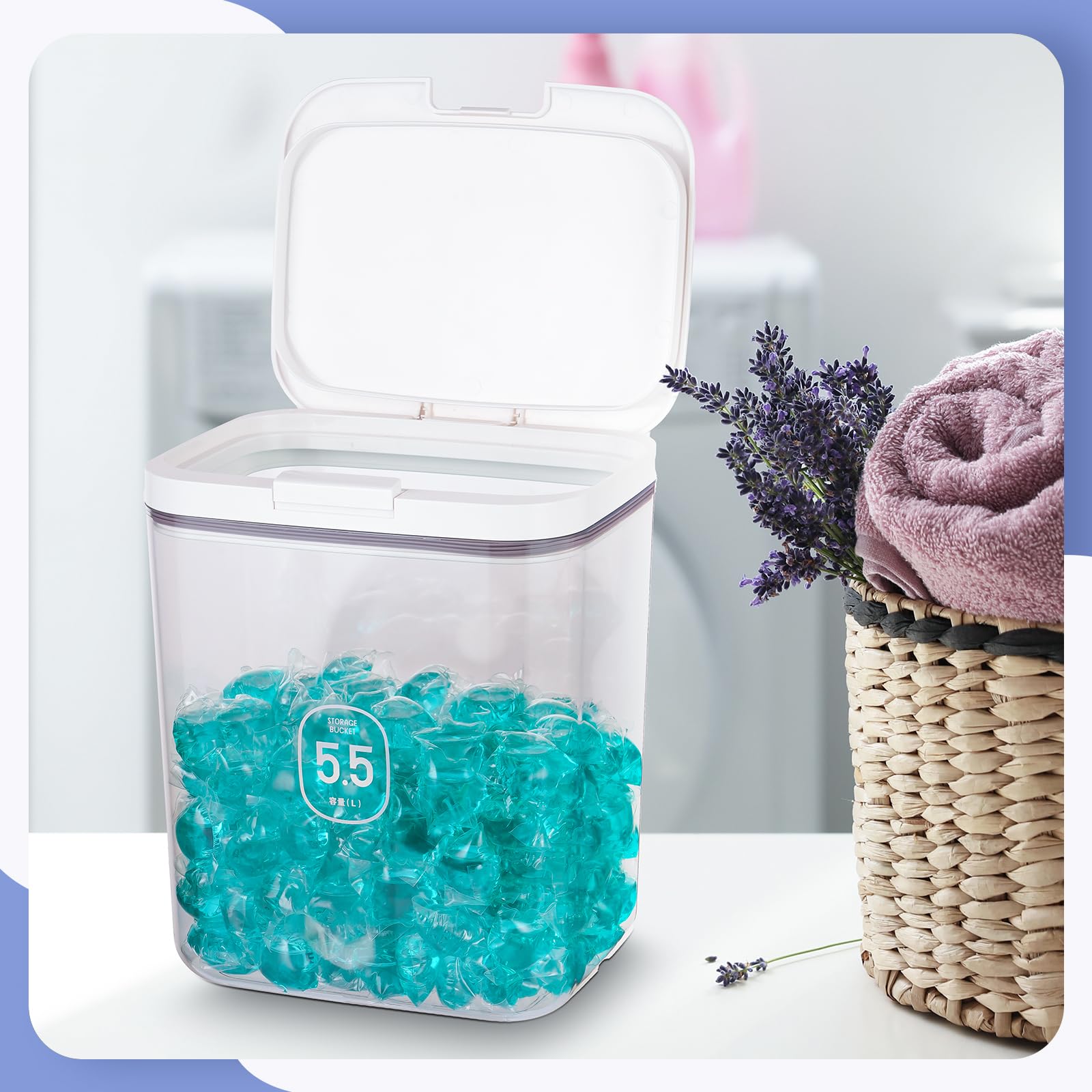5.5L Large Capacity Laundry Detergent Storage Container with Pop-Up Lid - Airtight Powder Holder for Laundry Pods, Dishwasher Pods & Dry Food (Rice, Flour) - Includes Scoop & Measuring Cup - Perfect for Laundry Room & Kitchen Organization