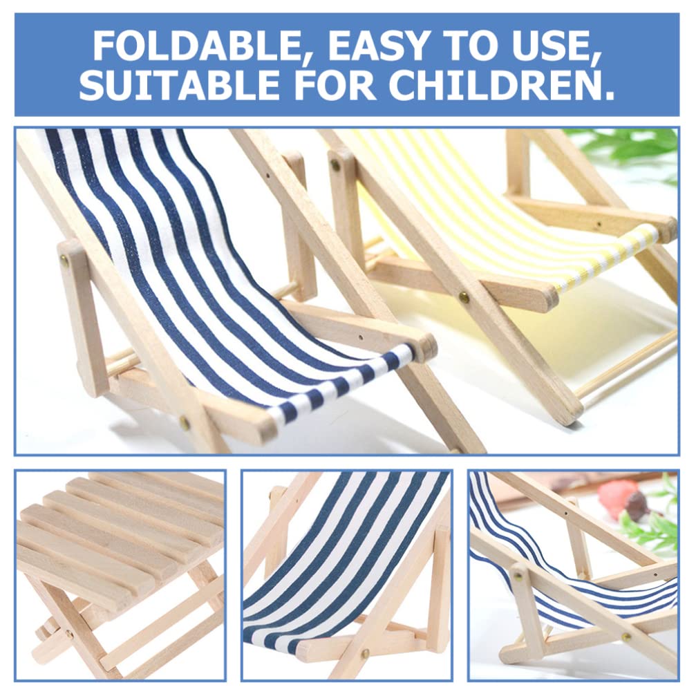 NUOBESTY 1:12 Scale Miniature Beach Chairs - Mini Wooden Lounge Chair, Foldable Deck Chair for Dollhouse Accessories (Blue) - Perfect for Dollhouse Decor, Miniature Scenes, and DIY Craft Projects