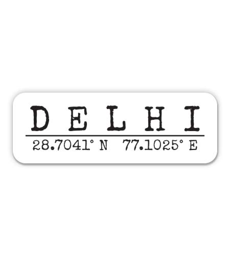 India Travel Sticker - Squiddy Delhi City Coordinates Vinyl Decal for Luggage, Car, Laptop (5 Inch Wide) - Perfect for Passport Covers, Suitcases & Travel Accessories