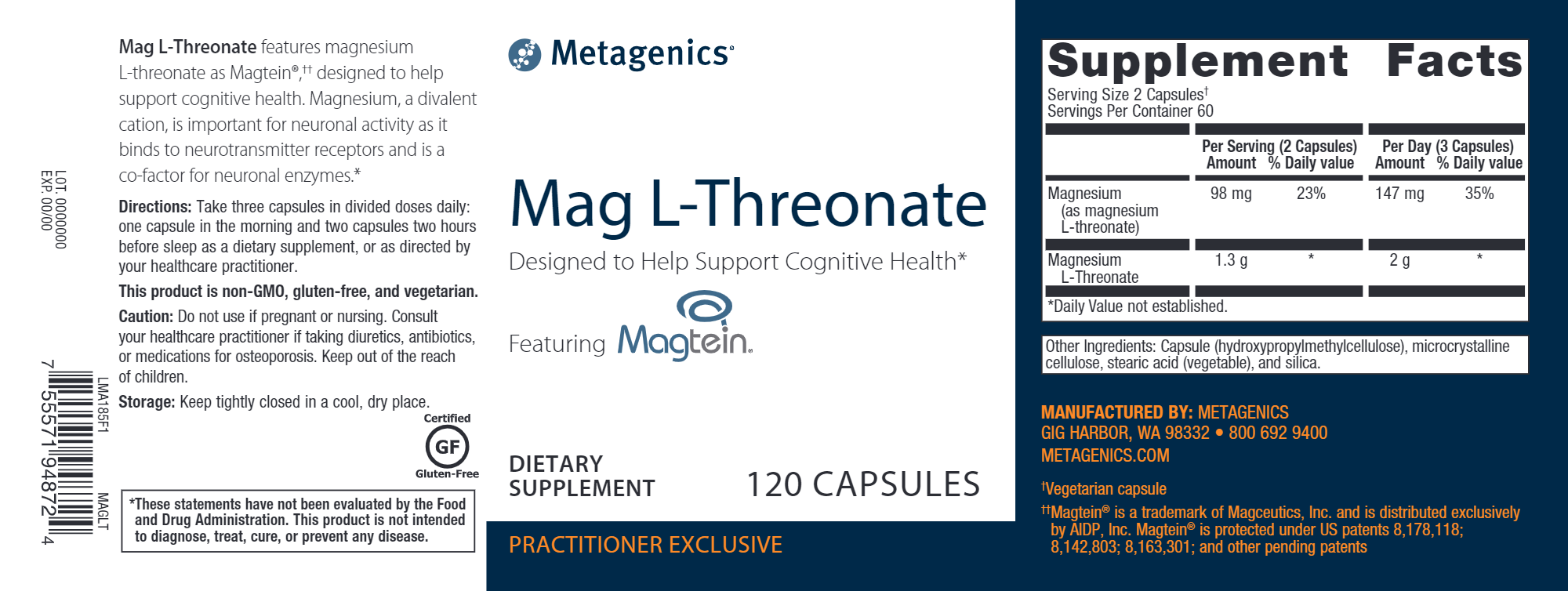 Magnesium L-Threonate Supplement 120 Capsules - Supports Brain Health, Memory & Sleep - Vegan, Non-GMO - Perfect for Stress Relief & Cognitive Function
