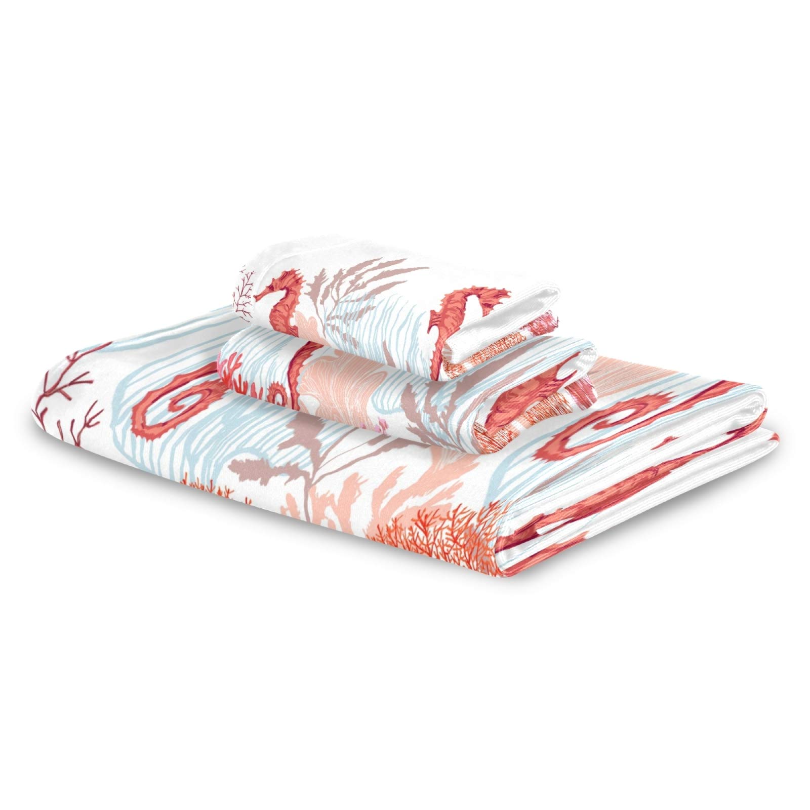 Premium 3-Piece Bath Towel Set - Ultra Soft, Highly Absorbent Coral & Seahorse Printed Towels (1 Bath, 1 Hand, 1 Washcloth) for Spa, Beach & Luxury Bathroom Decor