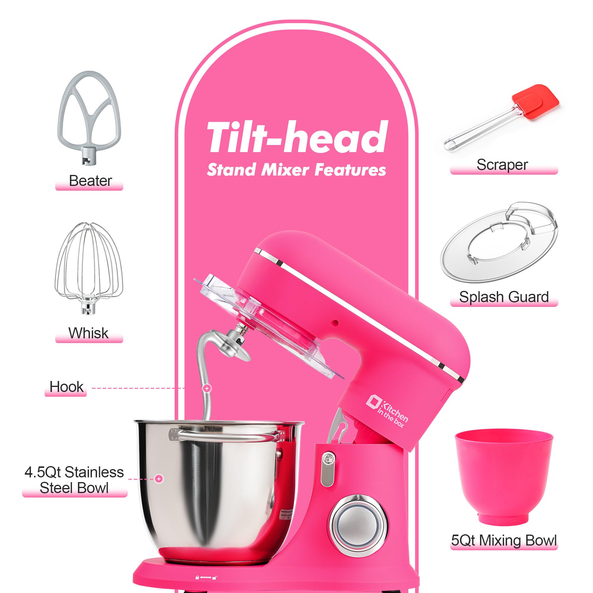 4.5QT & 5QT Stand Mixer Set - Matte Finish Electric Kitchen Mixer with Egg Whisk, Dough Hook & Flat Beater - Perfect for Baking Cakes, Cookies & Bread Dough (Neon Pink)