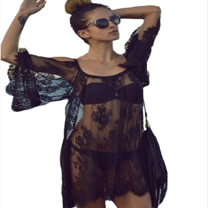 Women's White Lace Beach Cover Up Dress - Lightweight Pareo Swimsuit Coverup for Pool, Vacation & Summer Outfits | Swimwear Accessory for Beach, Resort & Tropical Getaways