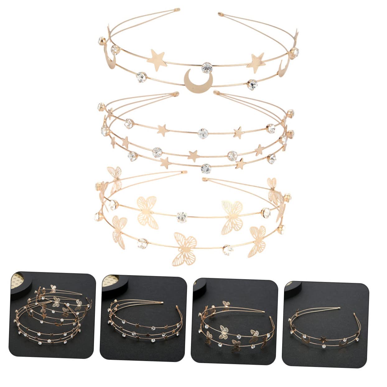 POPETPOP 15 Pcs Star Moon Headband - Rhinestone Bridal Hair Hoops, Double Row Metal Headbands for Women & Girls - Perfect for Weddings, Prom, Cosplay & Special Occasions