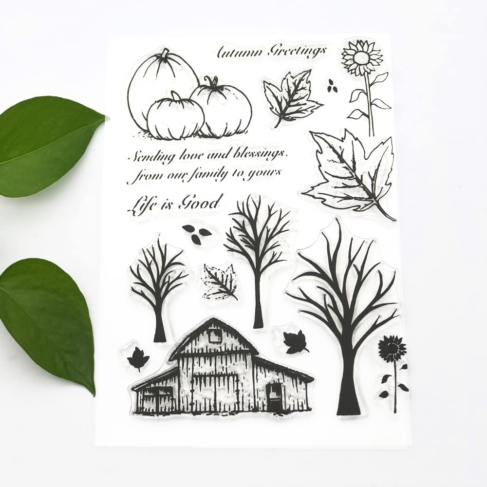 4.3×6.3 Inch Fall Pumpkin Wooden House Clear Stamps - Tree Leaves Sunflower Silicone Stamps for Scrapbooking, Card Making, Thanksgiving, Christmas & Birthday Crafts - Perfect for DIY Greeting Cards, Journals, and Home Decor Projects