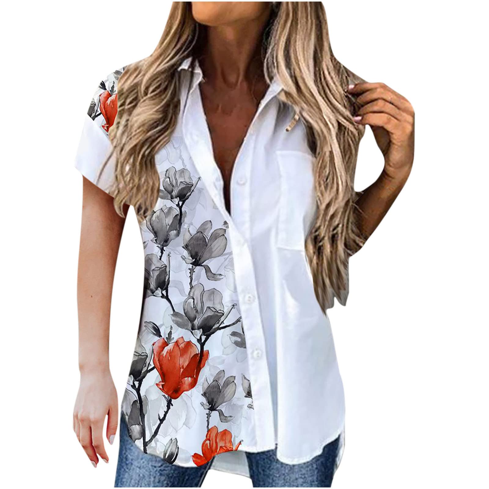 Women's Summer Tops - Veck Lapel Printed Button Front Cardigan Short Sleeve Loose Flowy Blouse | Casual Office Wear & Beach Cover Up