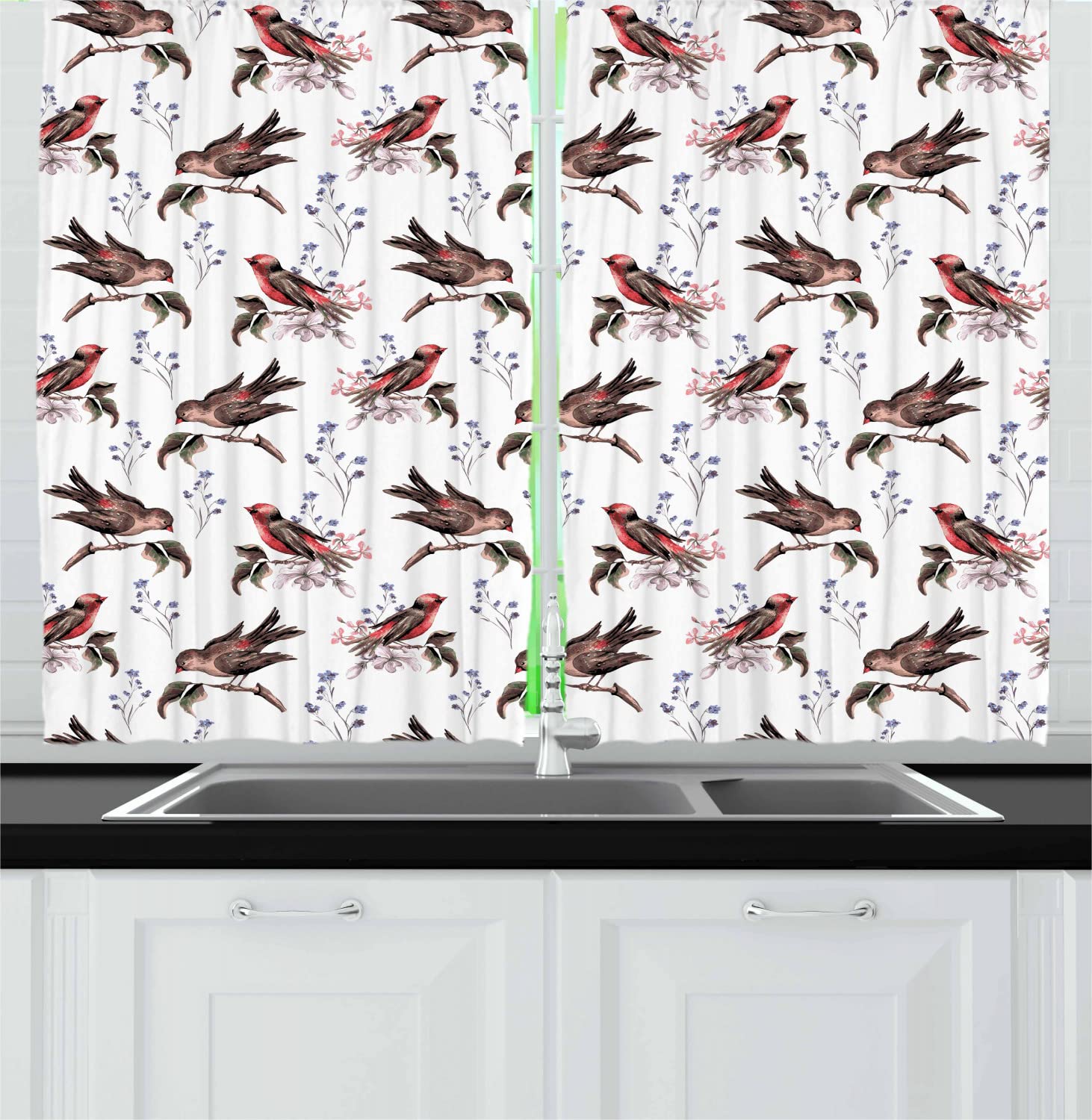 Vintage Watercolor Sparrows Kitchen Curtains - 2 Panel Set with Rod Pocket, 55