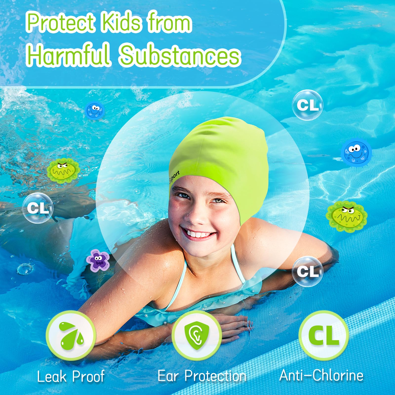 EverSport Kids Swim Cap for Girls 6-14 Years - Large Silicone Swimming Cap for Long Hair & Braids - Keeps Hair Dry - Perfect for Pool, Beach & Swim Lessons