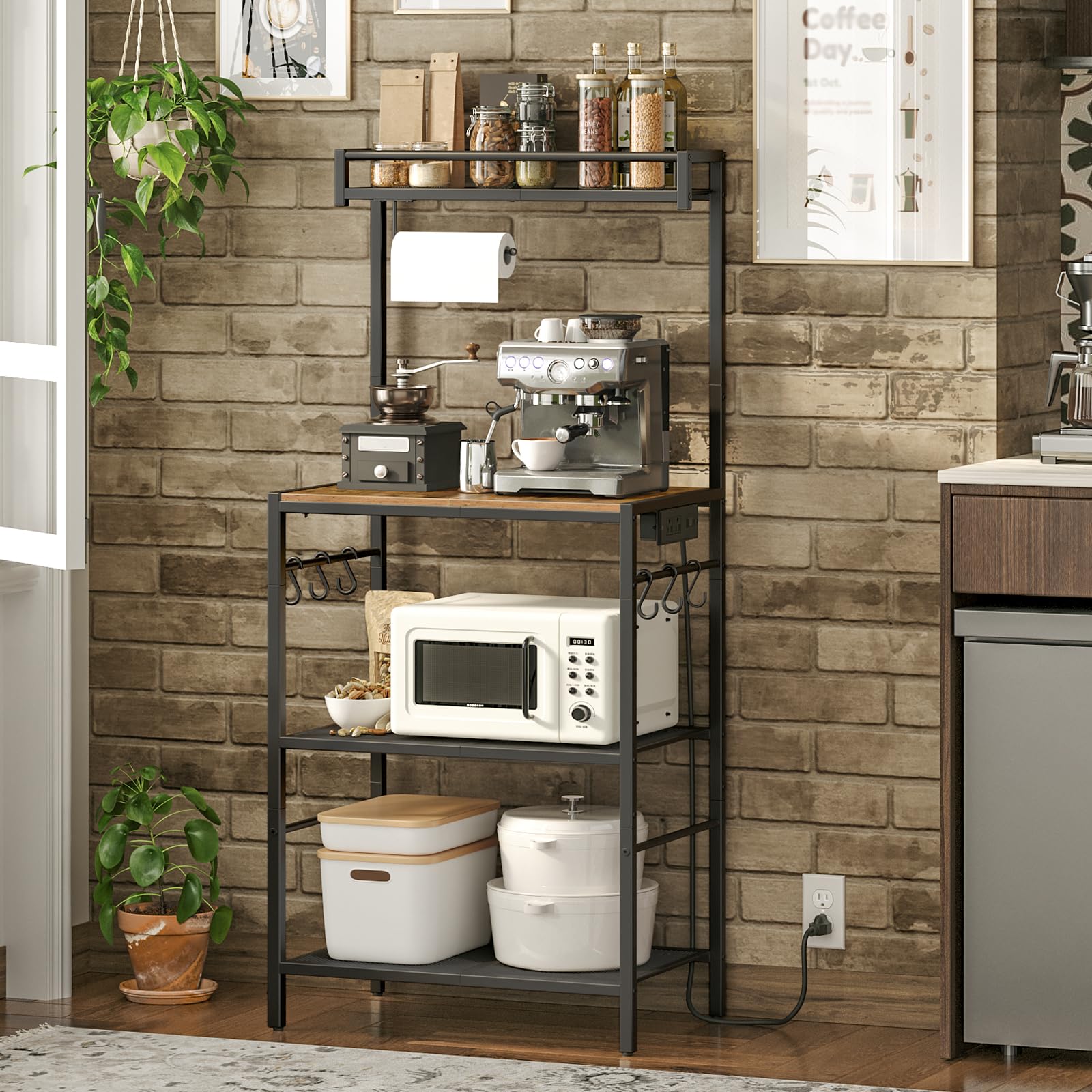 Rustic Brown Bakers Rack with Power Outlet - Kitchen Storage Shelf with Paper Holder & 6 Hooks | Microwave Stand & Coffee Bar Station with Switch-Controlled Socket | Perfect for Kitchen, Dining Room & Small Space Organization (BRHR36E01)