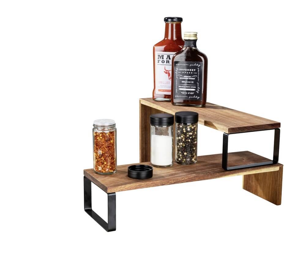 2-Tier Acacia Wood Kitchen Shelf Organizer - Pantry Storage Rack for Spices, Utensils & Small Appliances - Perfect for Countertop, Cabinet & Pantry Organization