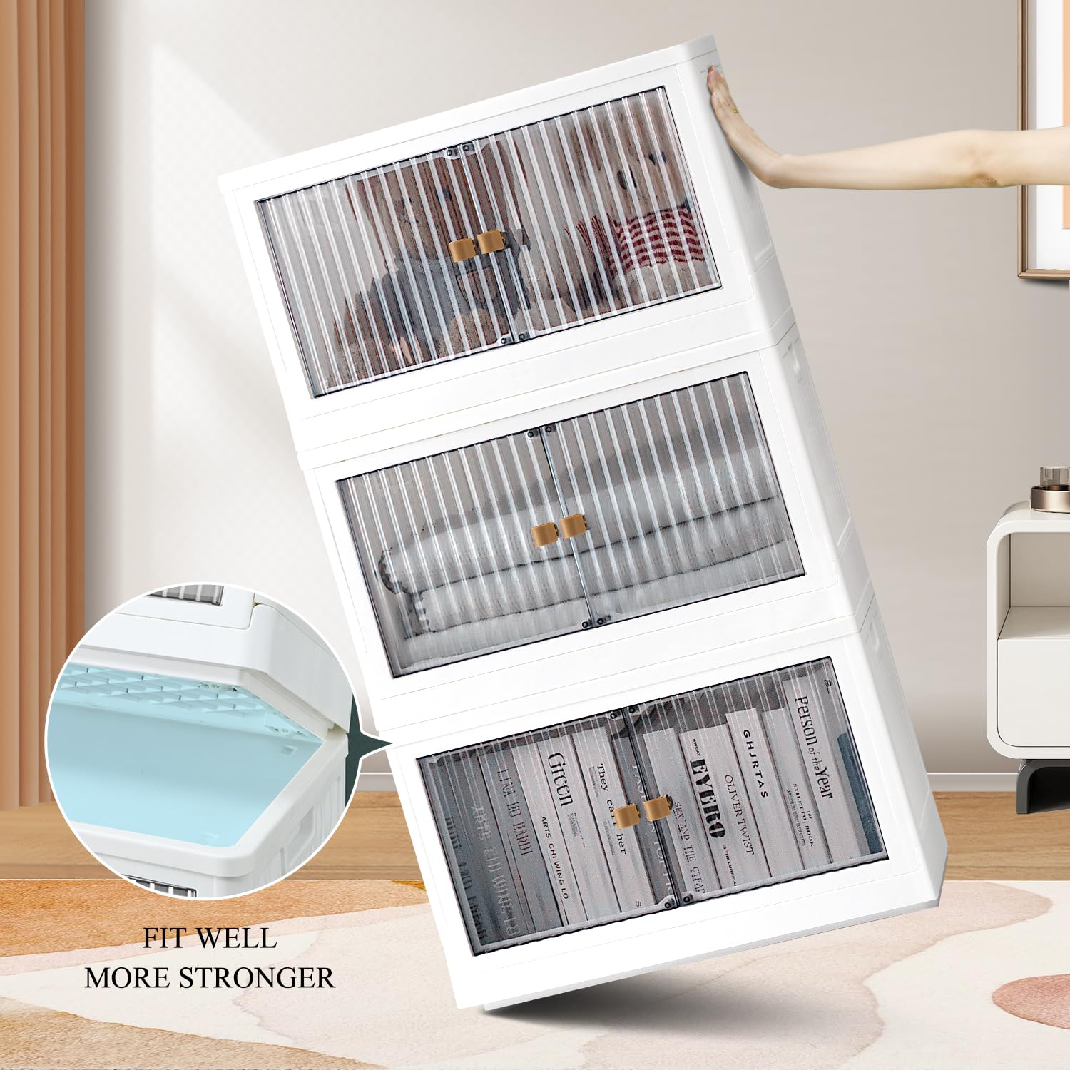 19 Gallon Stackable Storage Bins with Lids (3-Pack) - Collapsible Plastic Storage Boxes with Wheels & Doors, Large Foldable Organizer for Dorm Room Clothes, Toys & Home Organization - Space Saving Grey Storage Solution