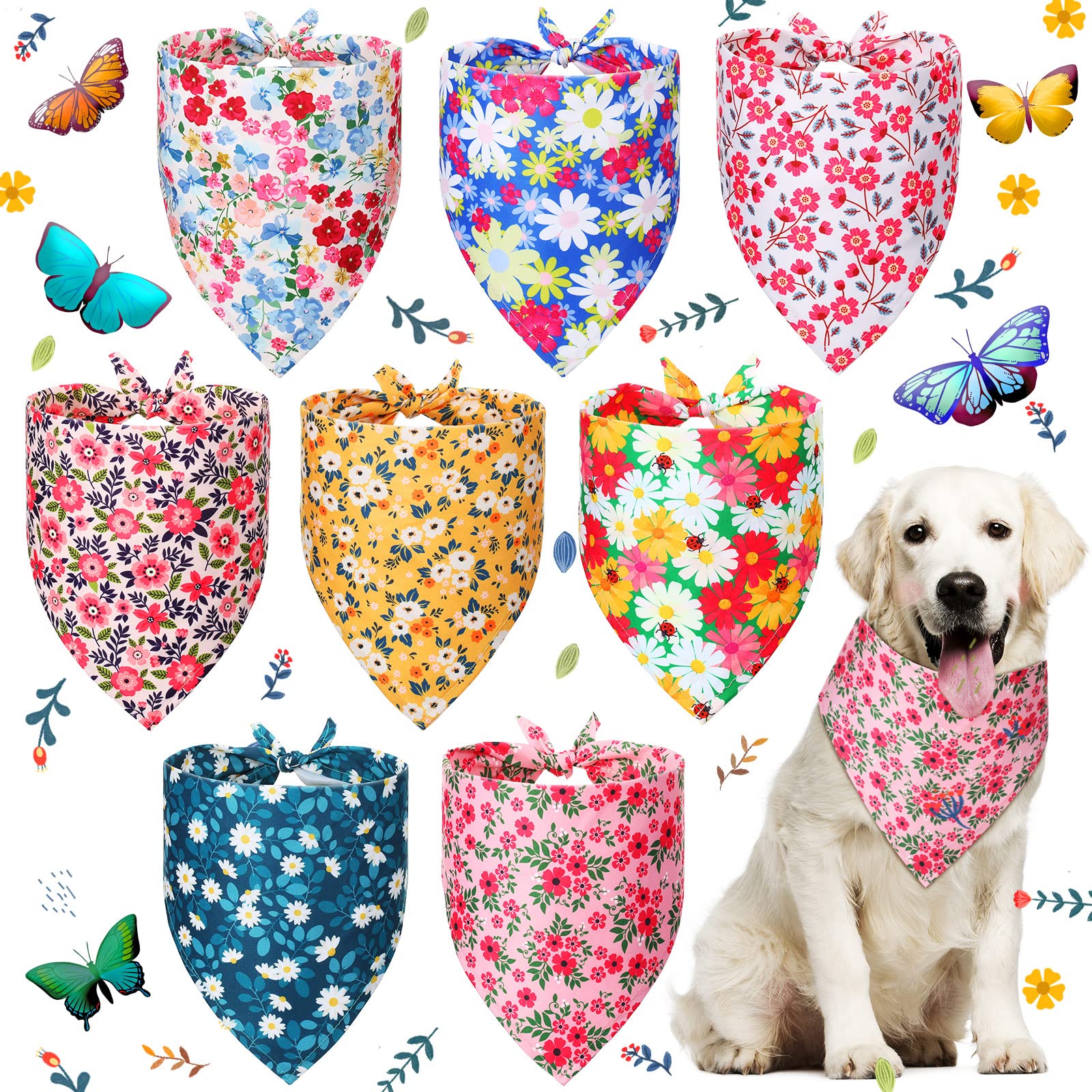 8-Piece Reversible Dog Bandanas Set - Floral Print Triangle Bibs & Scarf Accessories for Dogs, Cats & Pets - Perfect for Holidays, Parties & Daily Wear