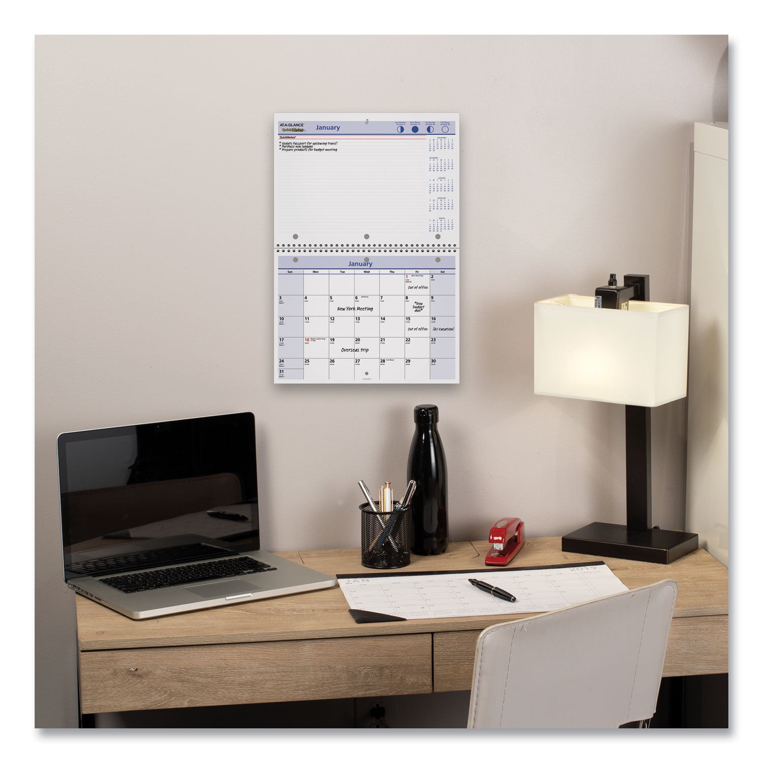 AT A GLANCE® QuickNotes 2025 Desk & Wall Calendar - 3 Hole Punched, 11 x 8 Inches, White/Blue/Yellow Sheets, 12 Months (January to December) - Perfect for Office, Home & School Organization