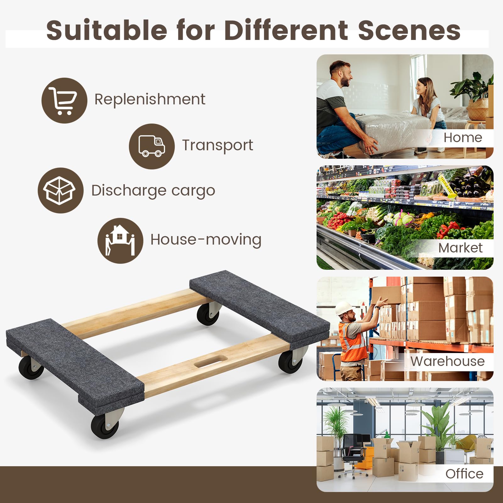 Heavy Duty Goplus Furniture Moving Dolly - 1000 LBS Capacity Wood Rolling Mover with 4 Wheels & Handle for Piano, Couch, Fridge & Large Items (2-Pack) - Perfect for Home Moving, Office Relocation & Warehouse Transport