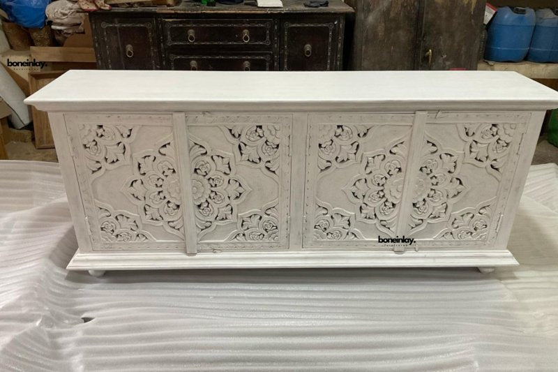 Handcrafted Whitewashed Wooden Cabinet with Intricate Floral Carving - Vintage Farmhouse Storage for Living Room, Bedroom & Entryway Decor