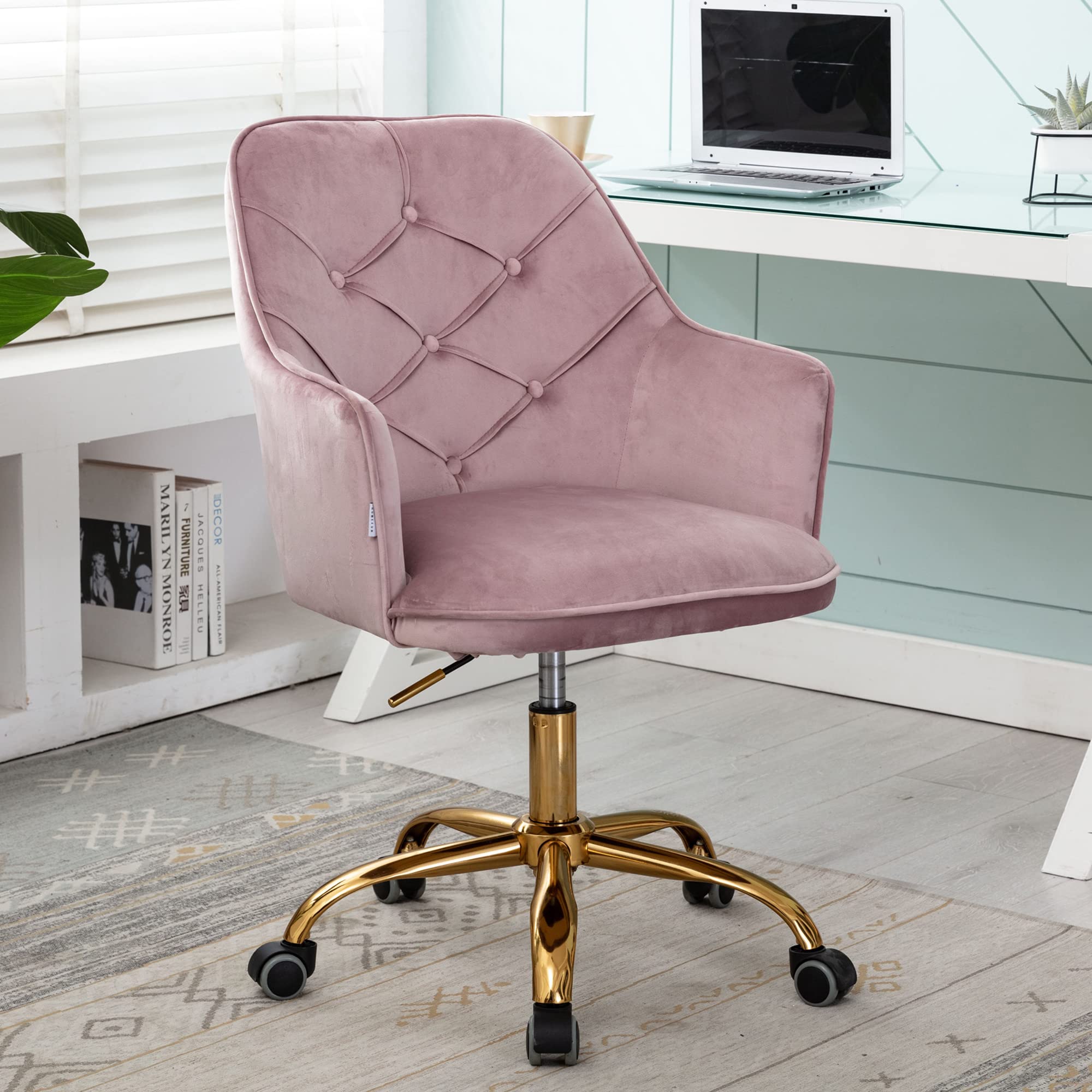 Modern Velvet Swivel Desk Chair with Tufted Back - Ergonomic Office Chair for Women & Girls, Light Pink & Gold Base - Perfect for Home Office, Bedroom, Vanity & Study Room
