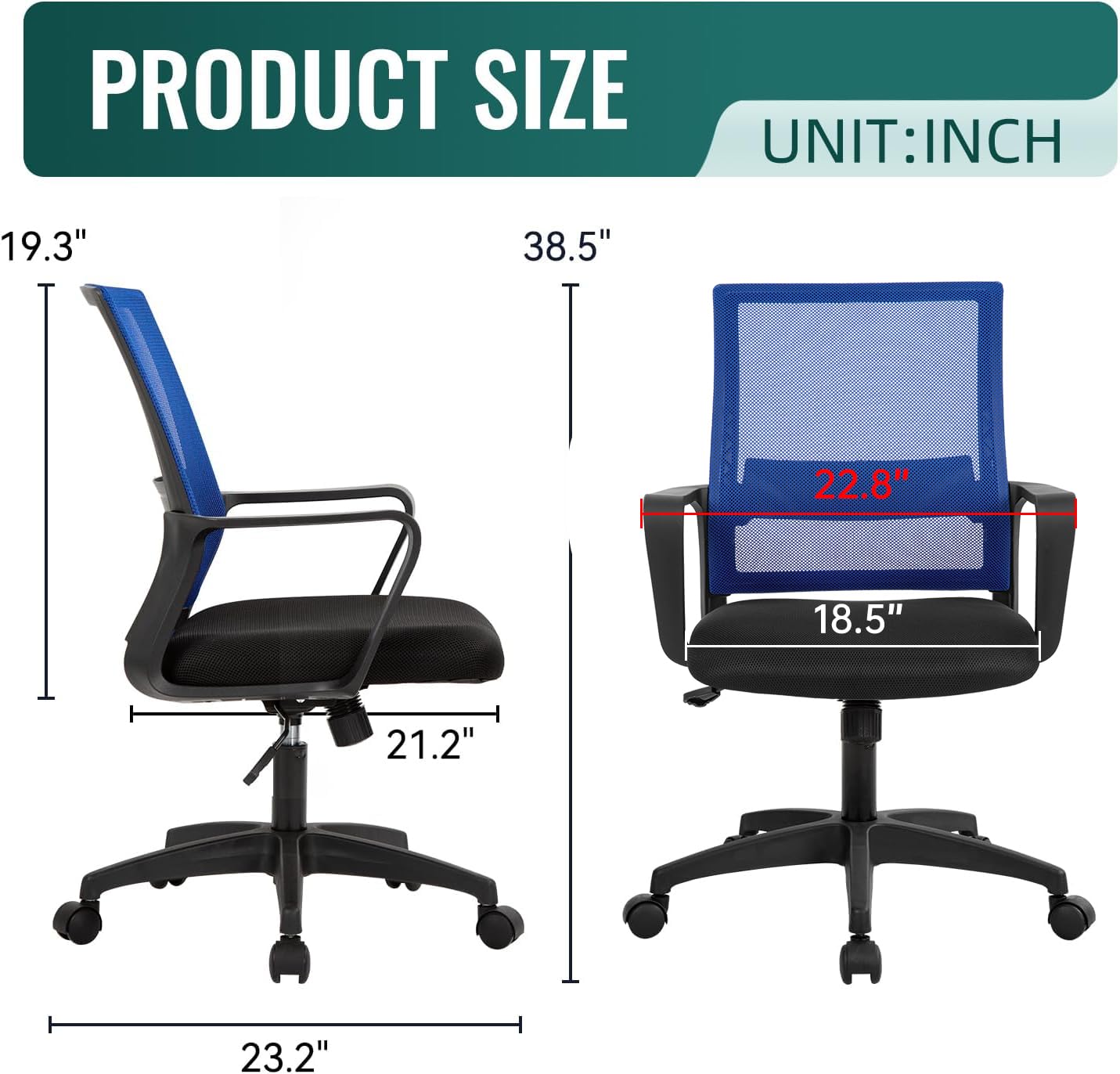 Ergonomic Office Chair with Lumbar Support - Adjustable Mesh Computer Desk Chair, Mid-Back Swivel Task Chair with Wheels & Armrests for Home Office, Modern Executive Chair (Blue) - Perfect for Long Work Hours, Gaming & Remote Work