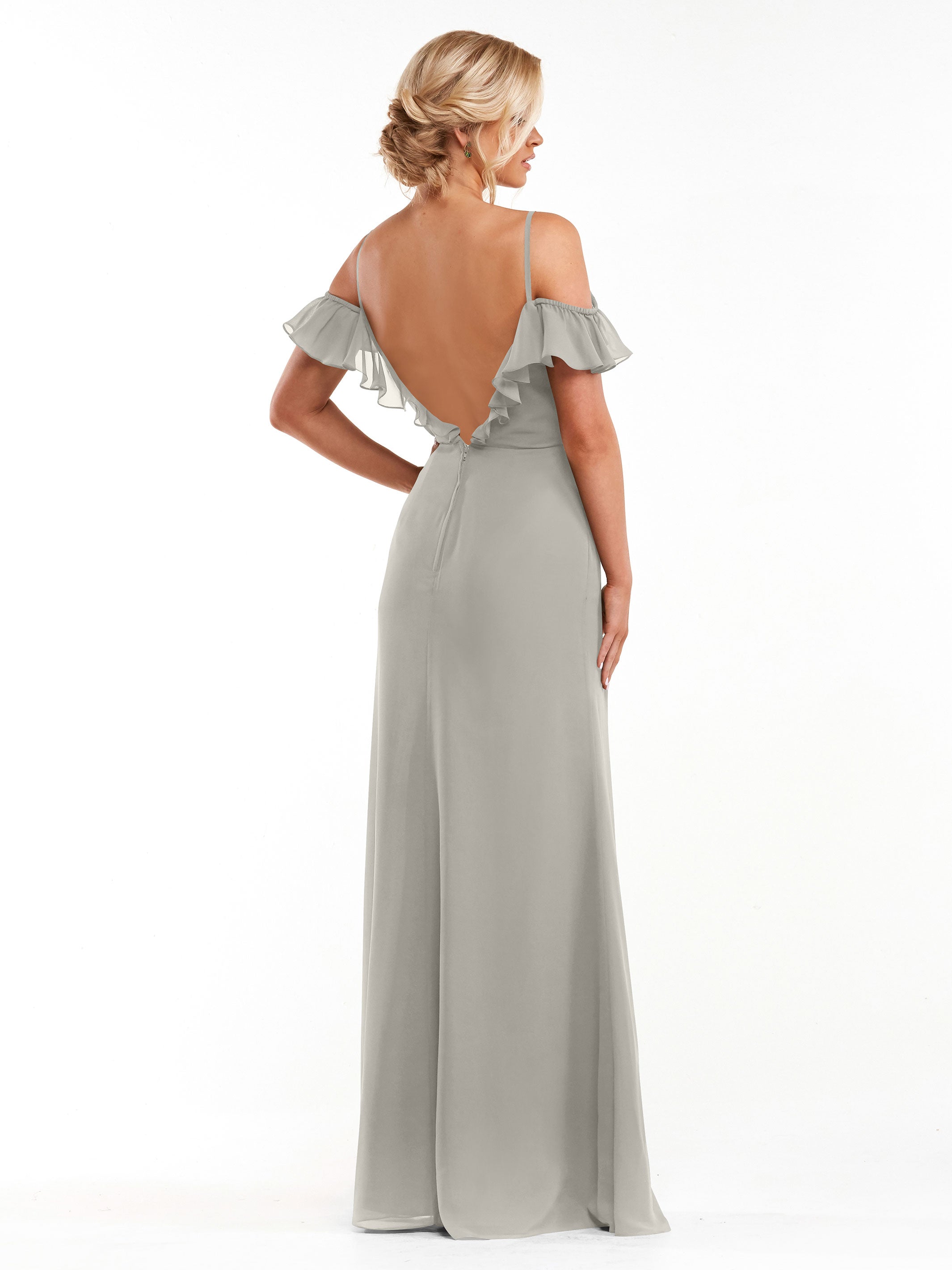 Elegant 80172 Chiffon Off-The-Shoulder A-Line Bridesmaid Dress with Ruffled Neckline - Perfect for Weddings, Formal Events & Special Occasions
