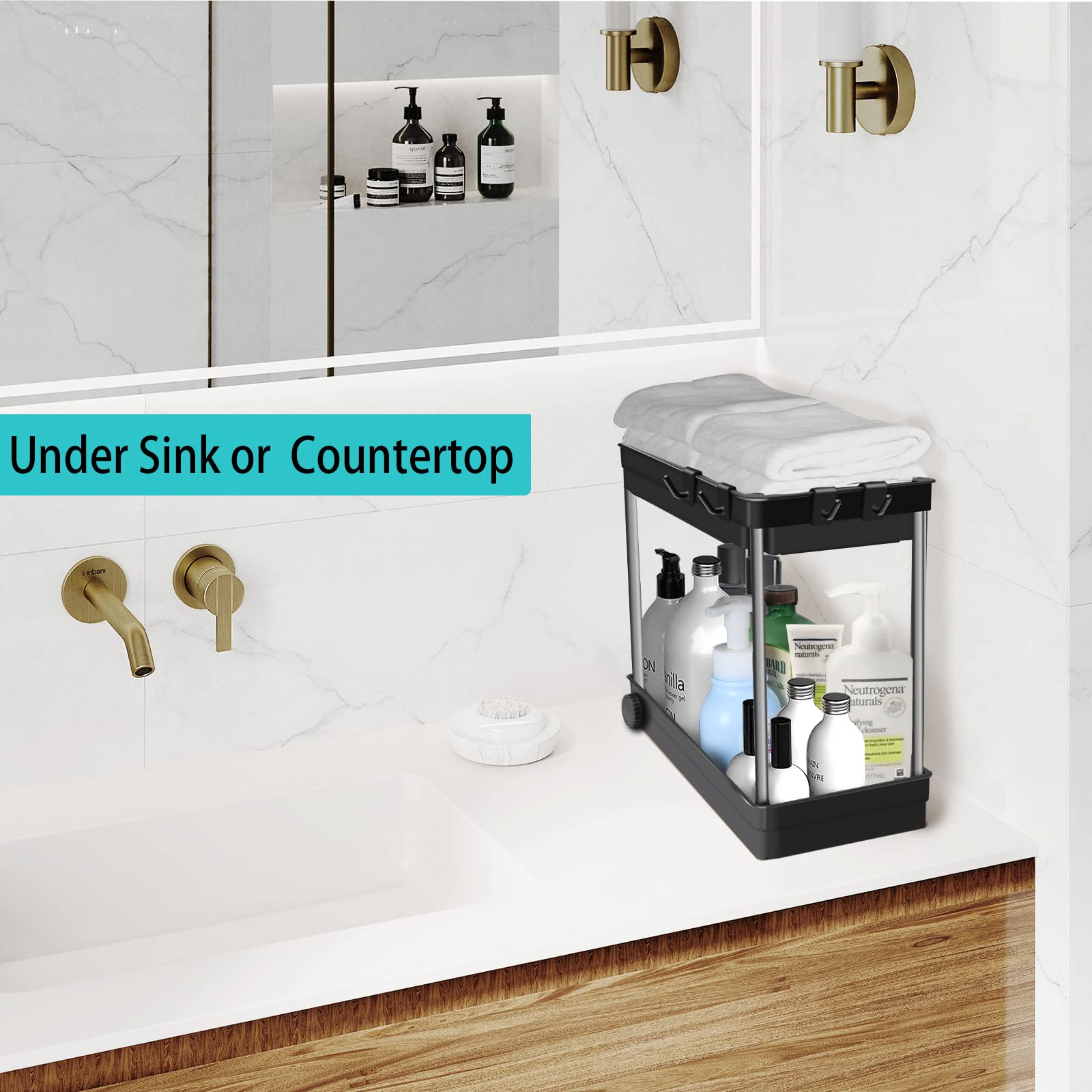Upgraded 2-Tier Under Sink Organizer - Bathroom & Kitchen Storage Shelf for Countertop, Cabinet Space - Multi-Purpose Container Basket Caddy (1 Pack) - Perfect for Small Space Organization in Bathrooms, Kitchens & Laundry Rooms