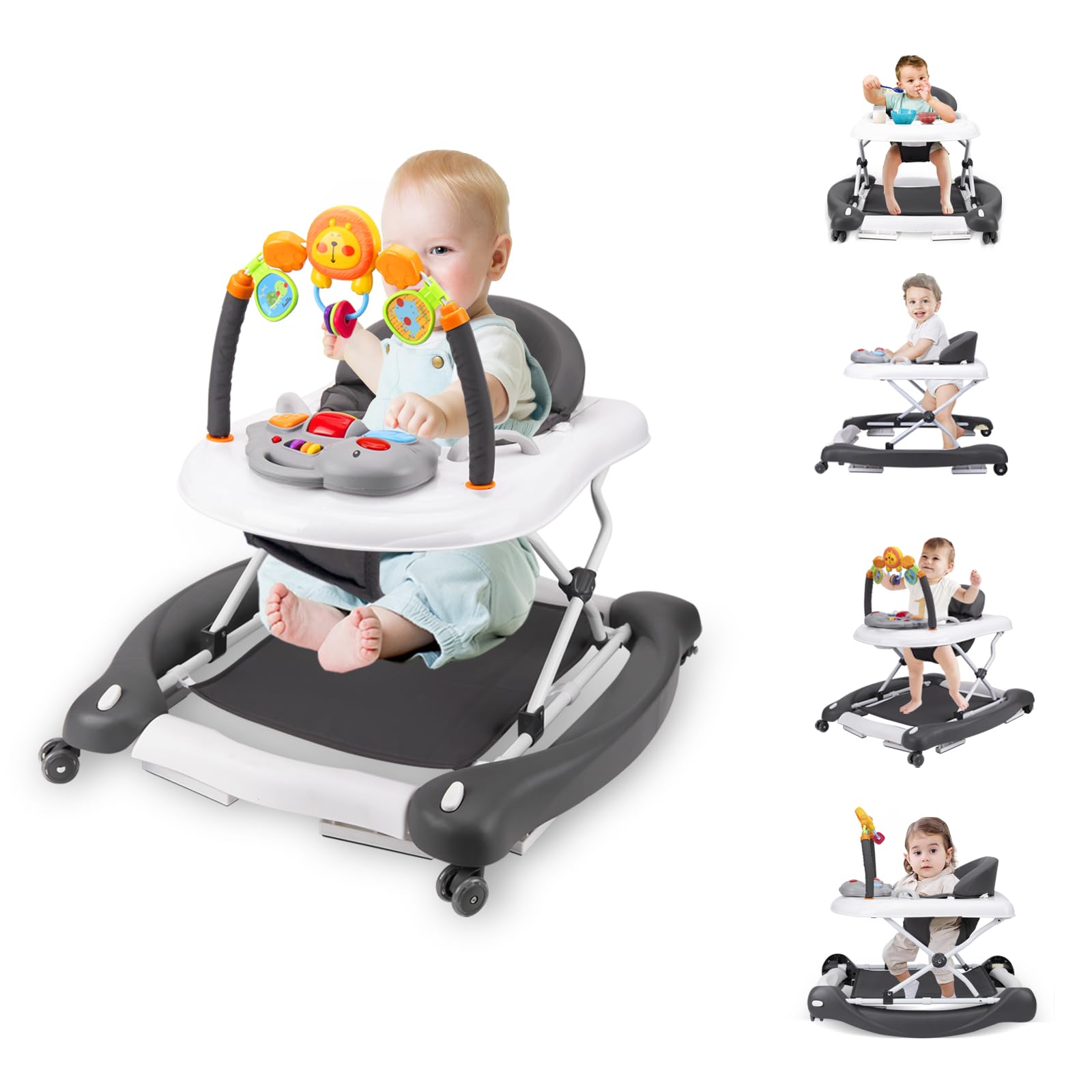 5-in-1 Foldable Baby Walker with Bouncer, Adjustable Height & Removable Tray - Interactive Learning Toy with Music for Infants 6-18 Months - Perfect for First Steps, Playtime & Feeding (Blue/Green) - Ideal for Nursery, Daycare & Home Use
