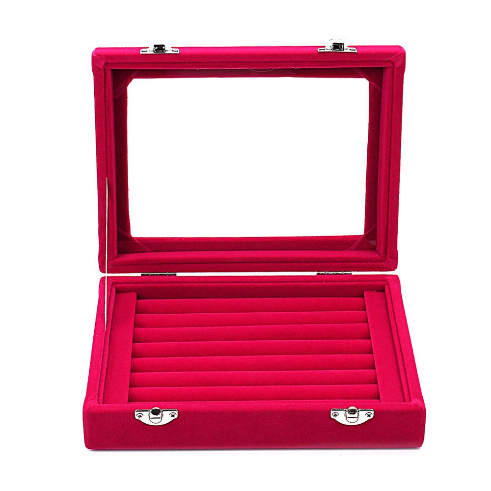 Velvet Jewelry Box for Rings & Earrings - Glass Top Display Case with 2 Clasps - Perfect for Jewelry Storage, Organization & Gift Giving