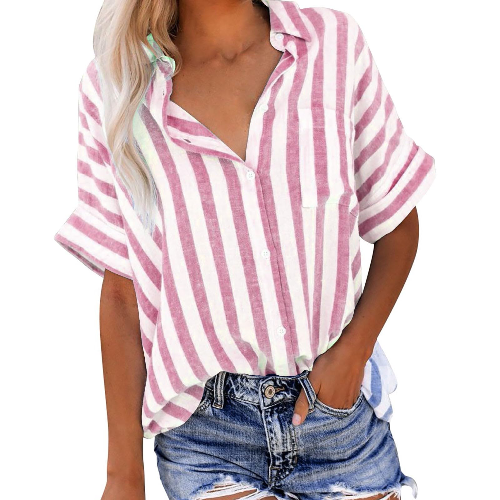 Women's Striped Linen Short Sleeve Button Down Shirt - Trendy V-Neck Casual Blouse & Loose Fit Work Top for Office, Summer Outings & Weekend Wear