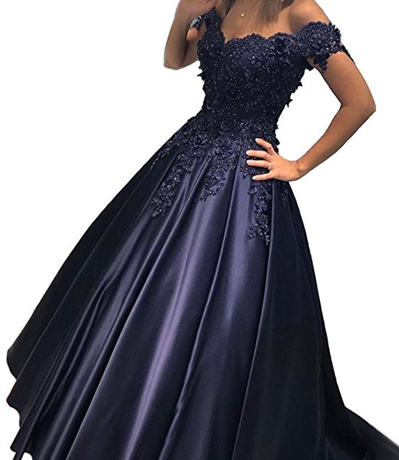 Elegant Navy Blue Beaded Lace Corset Ball Gown - Women's Cap Sleeve Prom Dress for Evening Parties & Special Occasions | Perfect for Homecoming, Weddings & Formal Events