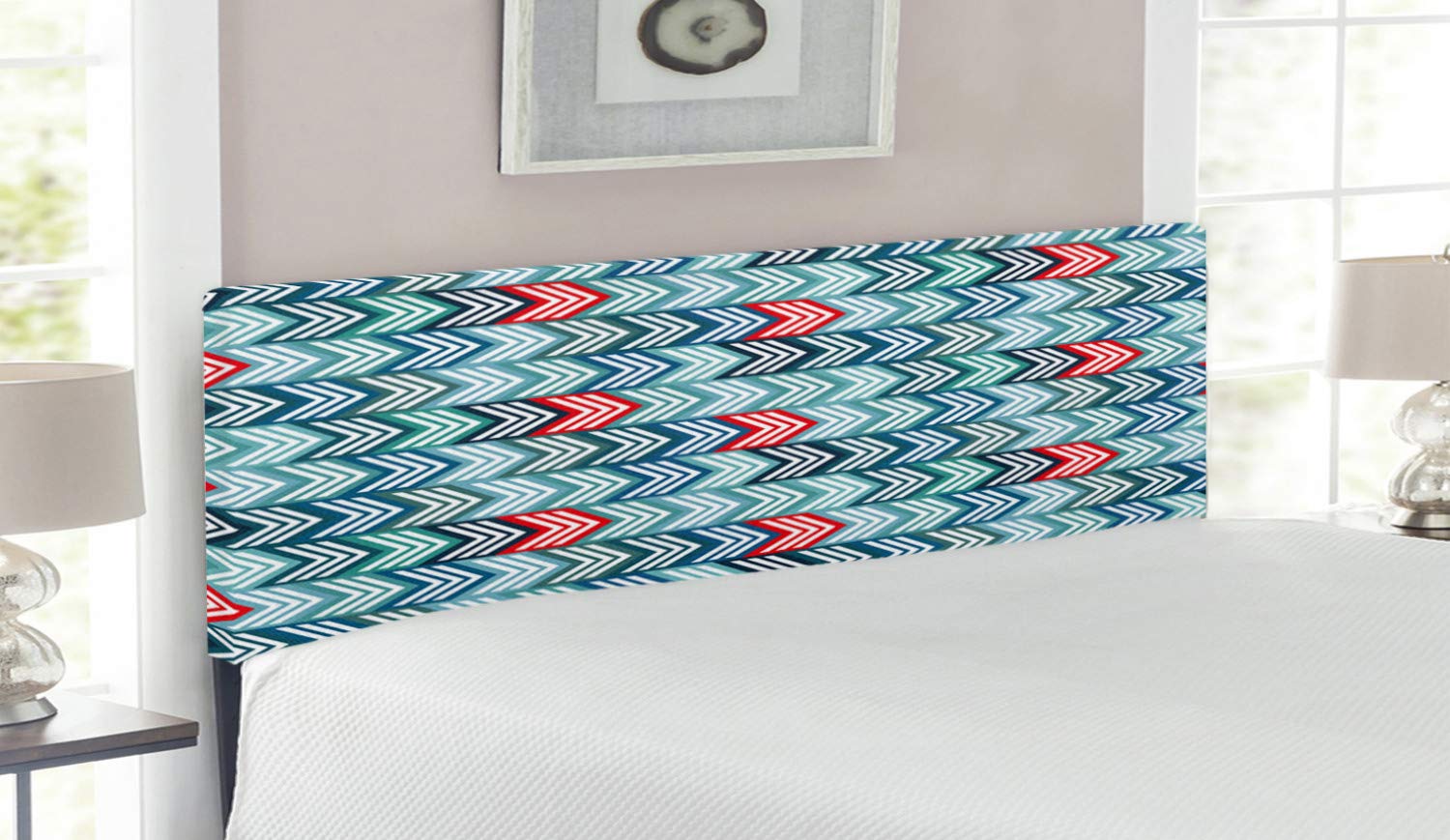 Lunarable Abstract Upholstered Headboard - Geometric Arrows Symmetric Design, Modern Decorative Metal Bed Headboard with Memory Foam, Queen Size Turquoise Teal Blue - Perfect for Contemporary Bedroom Decor & Guest Room Upgrade