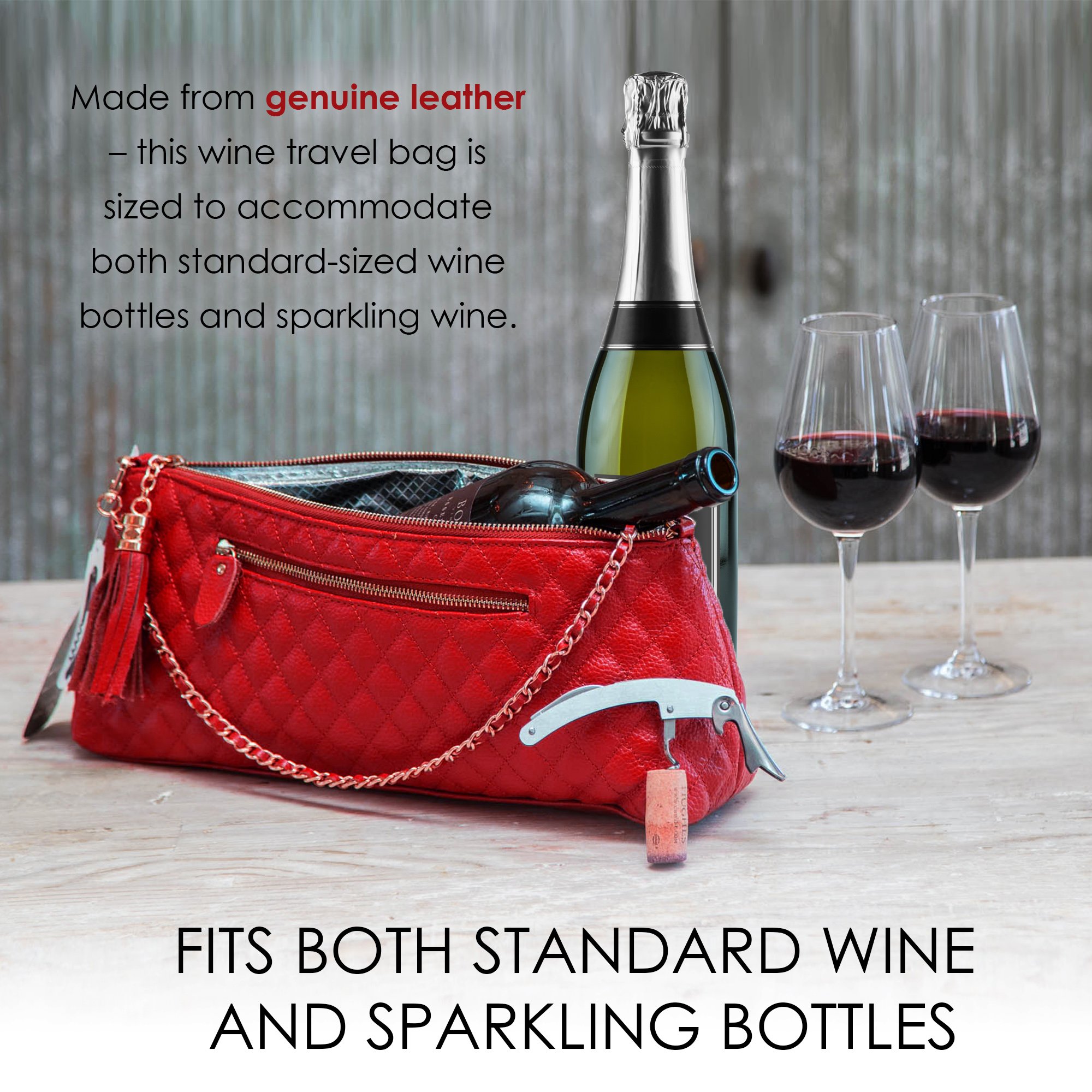 Premium Genuine Leather Insulated Wine Tote Bag - Crossbody Travel Carrier with Shoulder Strap & Built-in Corkscrew | Perfect for Picnics, Parties & Gifting (Red)