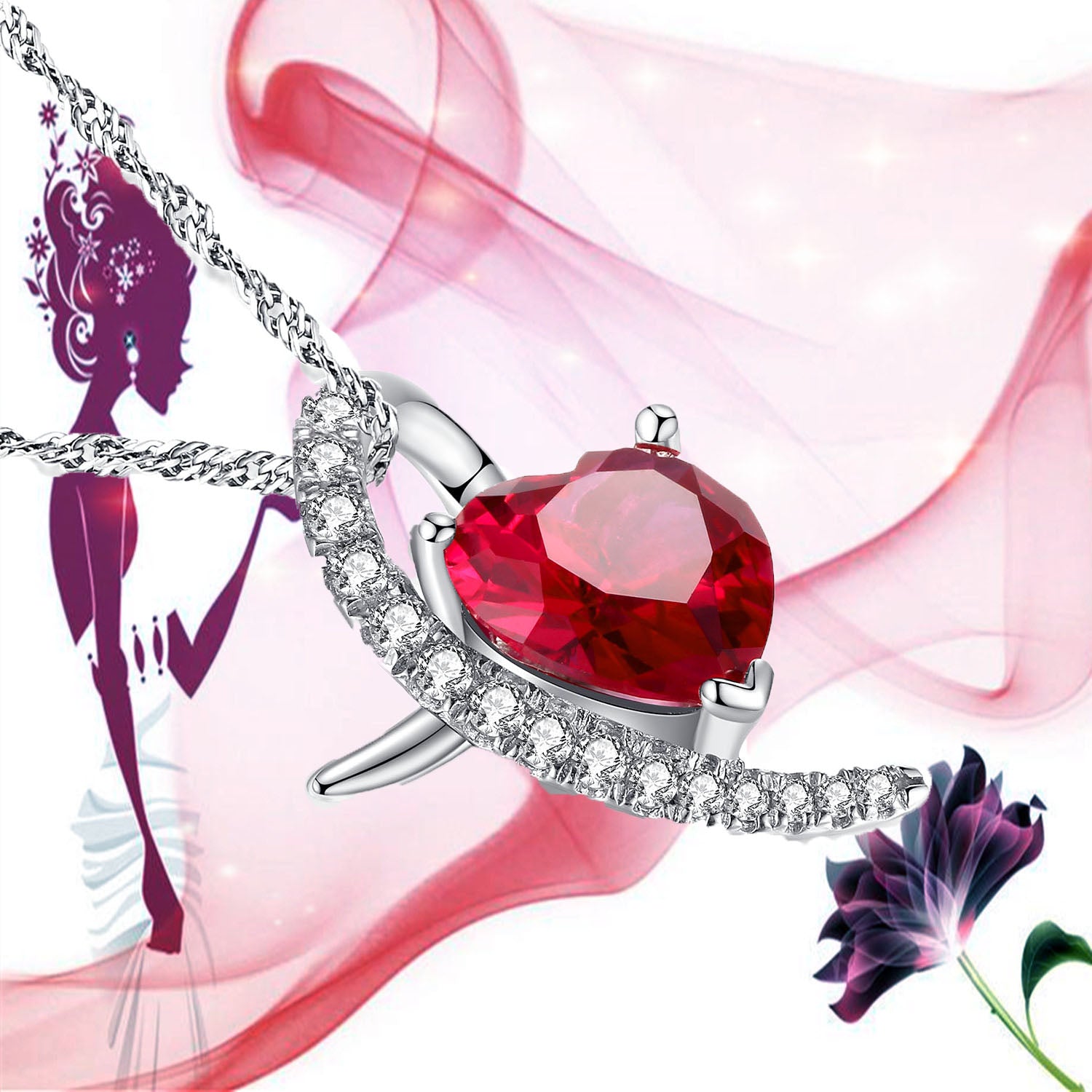 MABELLA 925 Sterling Silver Simulated Ruby Heart Pendant Necklace for Women - Elegant Valentine's Day Gift, Anniversary Present & Birthday Jewelry - Perfect for Romantic Dates, Special Occasions and Everyday Wear