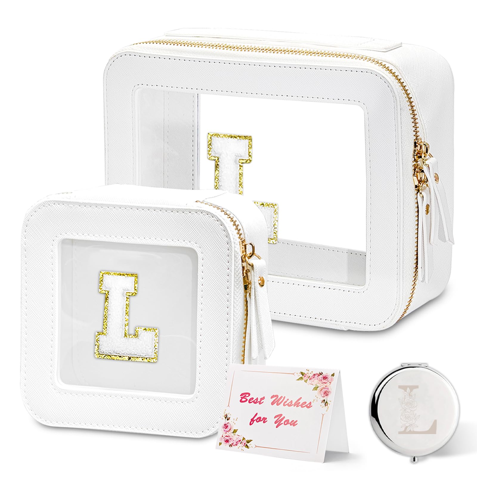 Clear Initial Makeup Bag Set - Travel Cosmetic Organizer with Handle, Transparent Leather Toiletry Bag, Waterproof Portable Makeup Case for Women (Perfect for Travel, Gym, and Everyday Use)