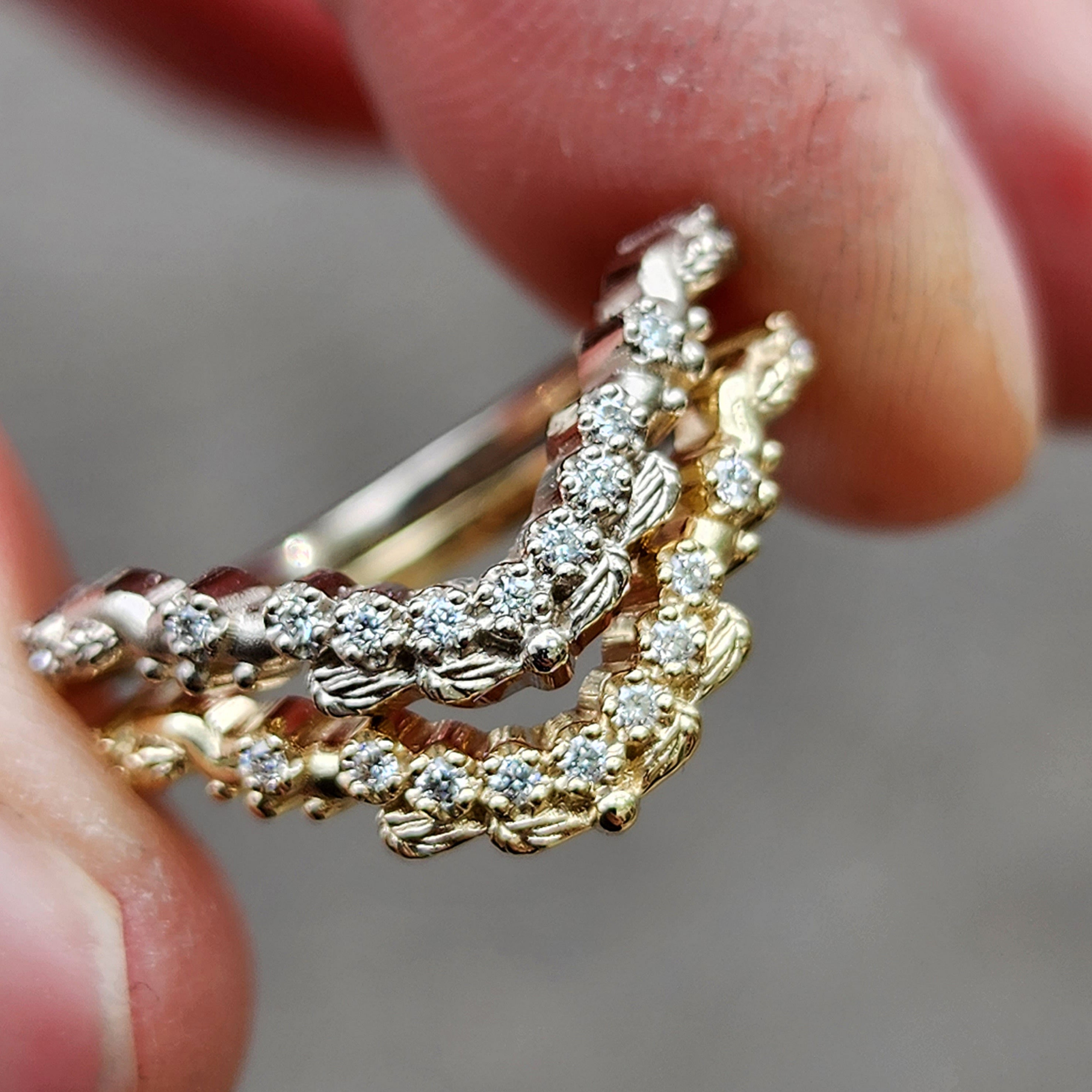 14K Gold Curved Leafy Diamond Vine Wedding Band - Black & White Diamonds in Yellow, Rose & White Gold | Elegant Bridal Jewelry for Weddings & Anniversaries