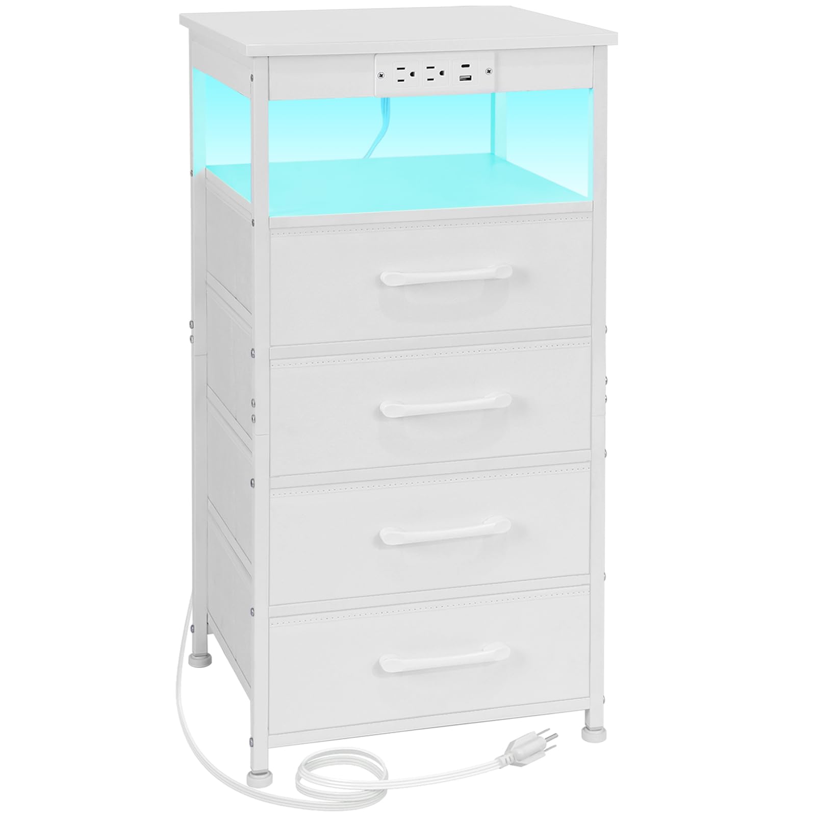 Modern White LED Nightstand with USB-C Charging Station & Outlets - Tall Bedroom Dresser with 4 Fabric Drawers - Side End Table for Bedroom, Living Room & Office - HNS124WT-1