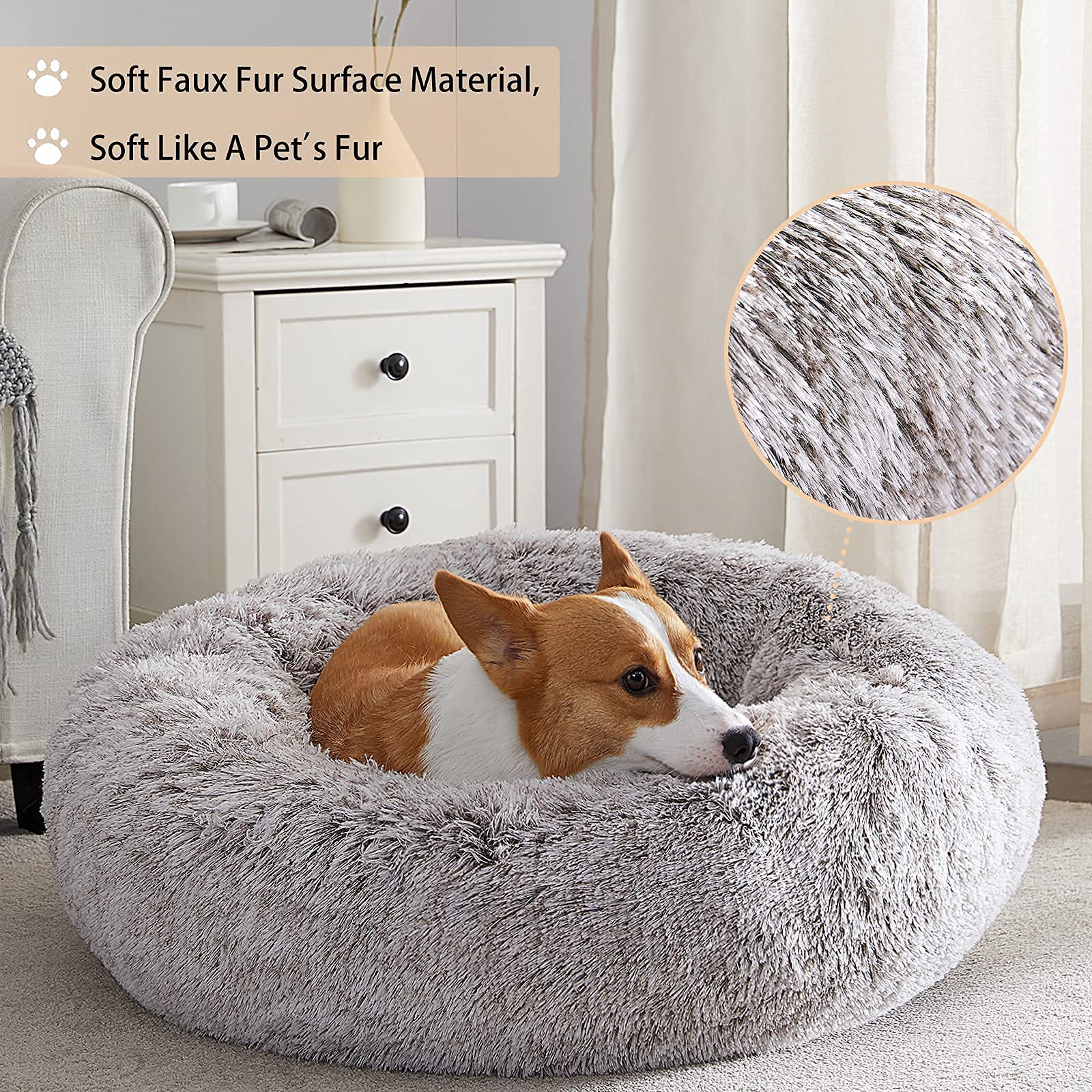 WNPETHOME Calming Donut Dog Bed & Cat Bed - Anti-Anxiety Pet Bed with Fluffy Faux Fur, 24x24 Inch Small Pet Cushion in Light Coffee - Perfect for Puppies, Kittens & Anxious Pets in Home, Office or Travel