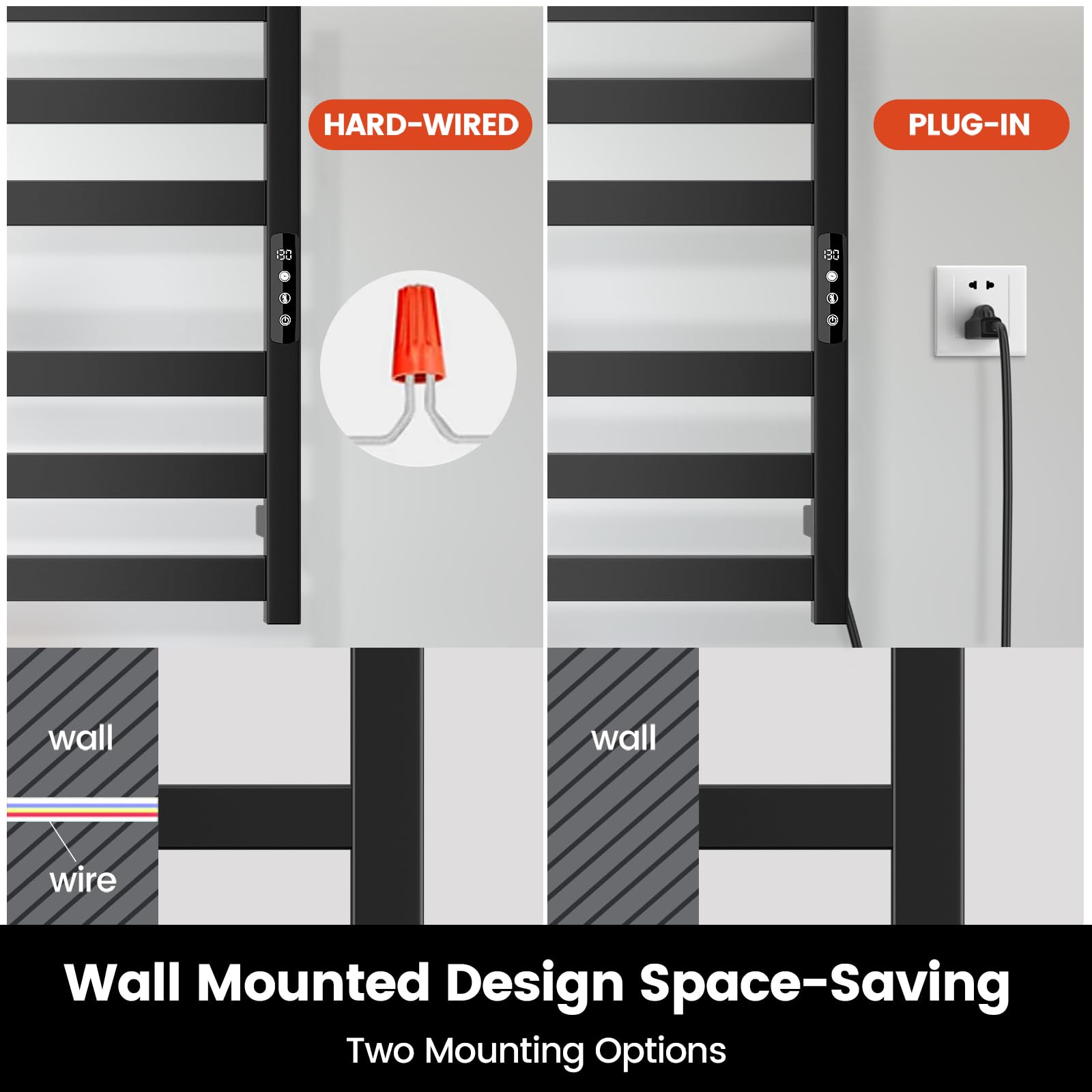 Stainless Steel Electric Heated Towel Warmer - 6 Bar Wall Mounted Bathroom Towel Rack with Built-in Timer | Hardwired & Plug-in Options | Black | Perfect for Bathrooms, Spas & Luxury Home Heating