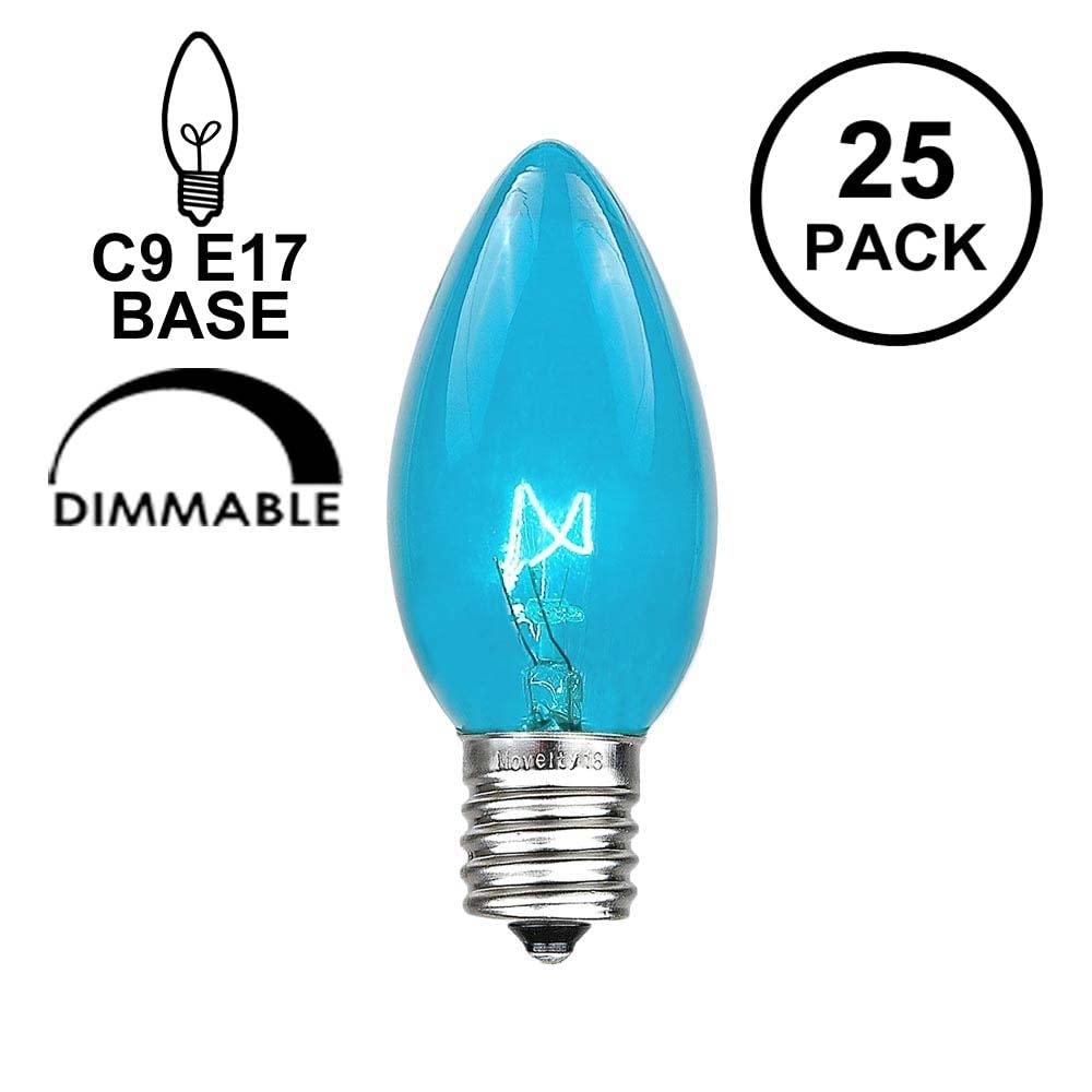 25 Pack C9/E17 Intermediate Base 7W Teal Christmas Replacement Bulbs - Indoor/Outdoor Decorative Lights for Christmas Trees, Holiday Displays, Parties & Home Decor - Durable Incandescent Novelty Bulbs