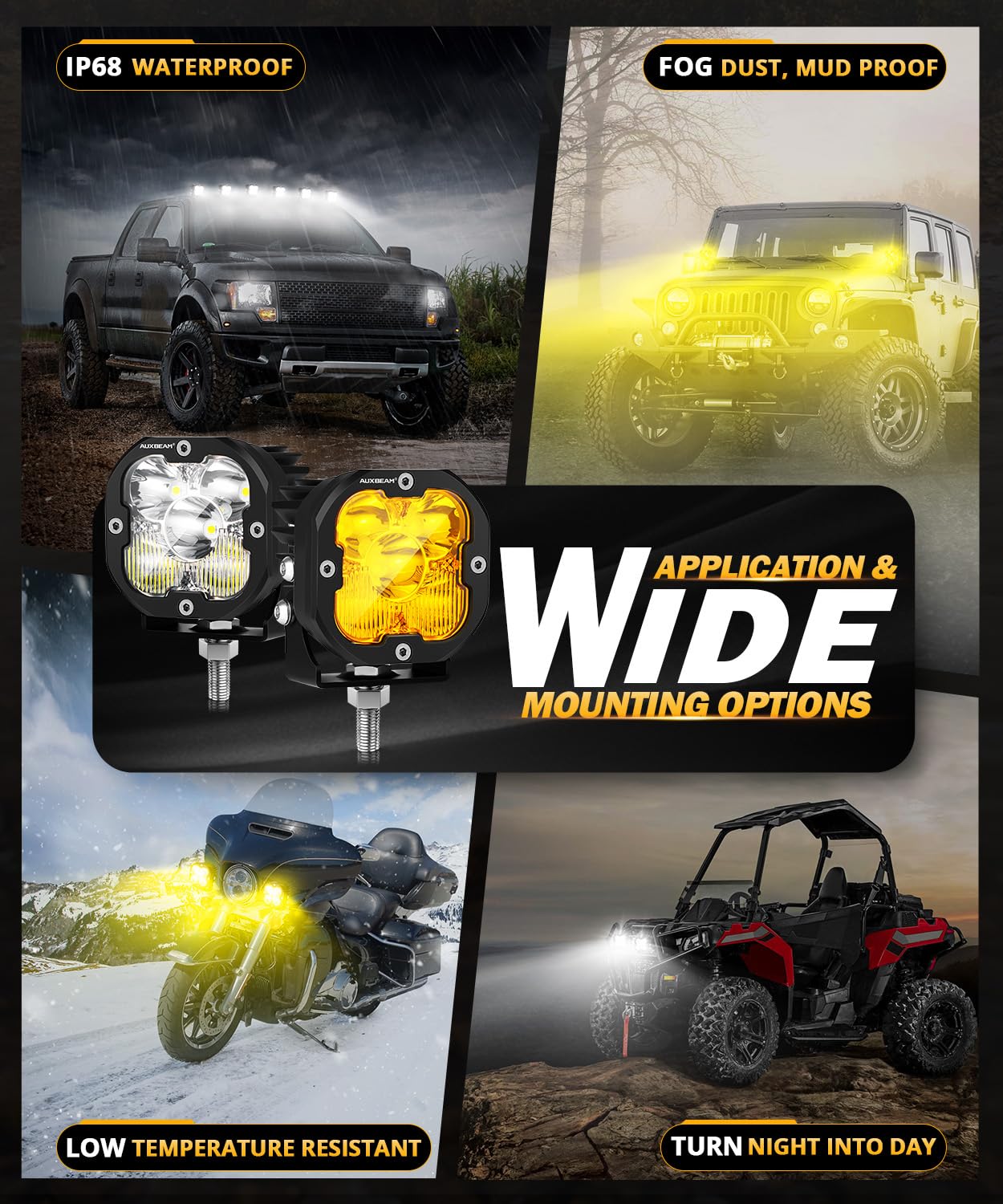 Auxbeam XP-Ultra Series 3 Inch 80W Spot Flood Combo LED Off-Road Lights - 9600LM Amber/White Cube Pod Lights for Trucks, Jeeps & ATVs - Waterproof Auxiliary Fog Lights with Covers (Pair) - Perfect for Off-Roading, Night Driving & Trail Adventures