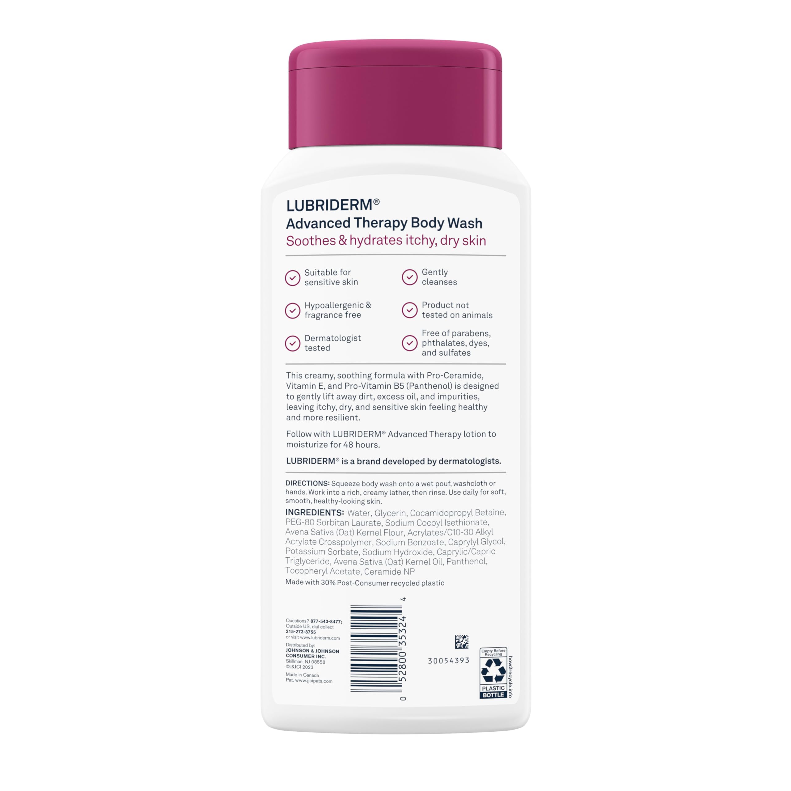 Lubriderm Advanced Therapy Body Wash - Unscented Nourishing Cleanser with Pro-Ceramide, Vitamin E & B5 for Dry, Itchy Skin Relief | Fragrance-Free, Hypoallergenic Formula | 16 fl oz | Perfect for Sensitive Skin & Daily Moisturizing Care